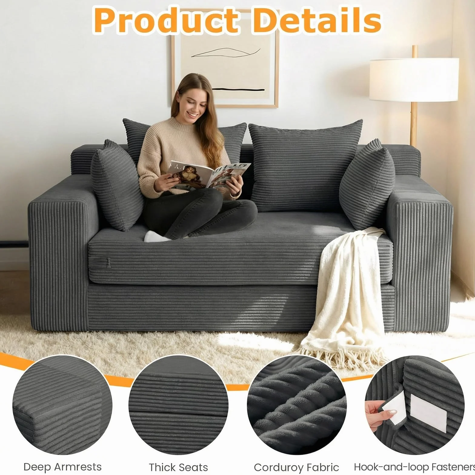 Winzon Boneless Loveseat, 3 in 1 Convertible Sofa Bed Sleeper Sofa Floor Futon Bed with 4 Pillows, 55" Grey Boneless Couch for Living Room, Guest Room, Small Space, No Assembly Required, Corduroy