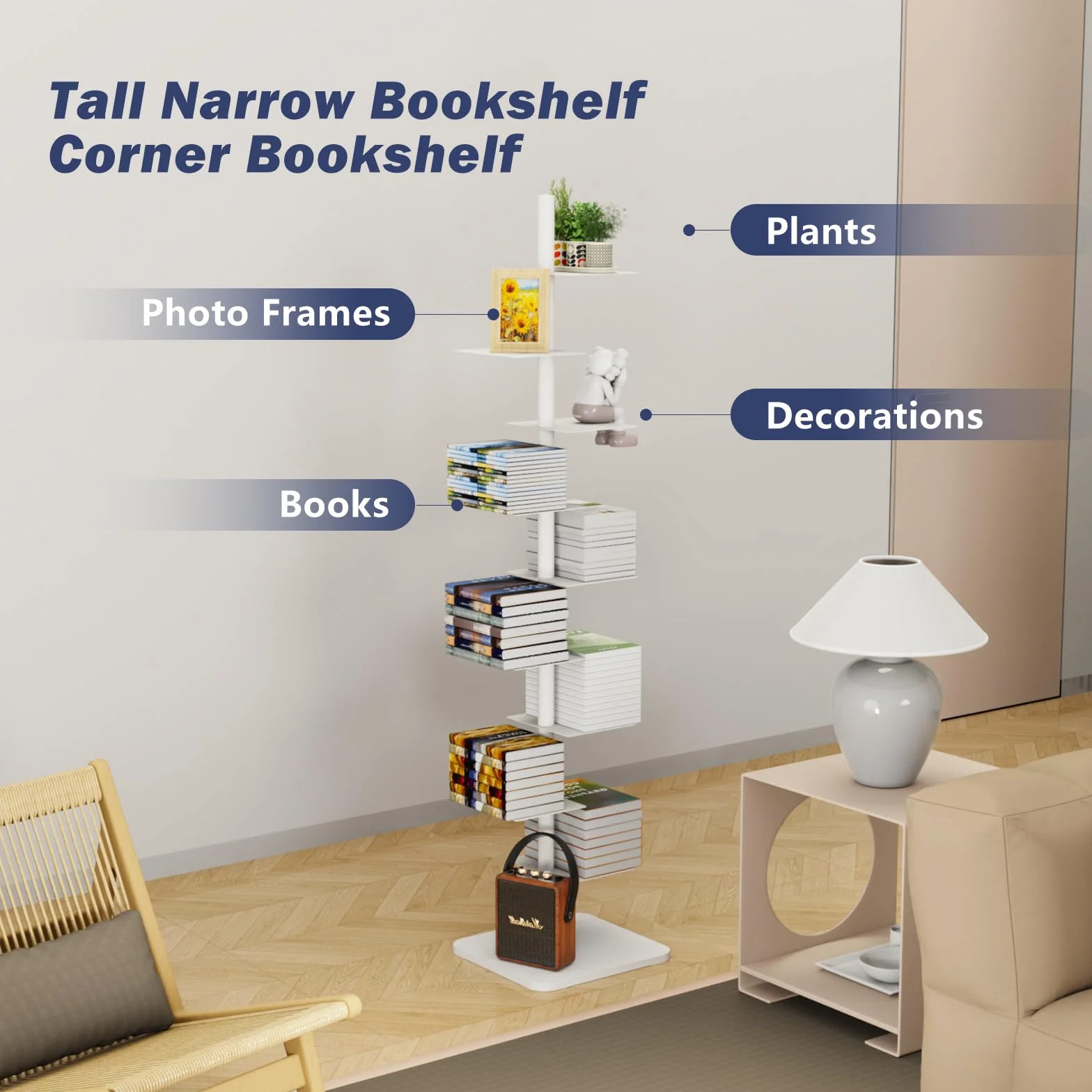 Choowin 9-Shelf Metal Spine Bookshelf Vertical Bookshelf, Adjustable Modern Floating Narrow Tree Book Shelf Book Tower, Display Shelf for Bedroom Living Room Office, 70 inch Tall, White