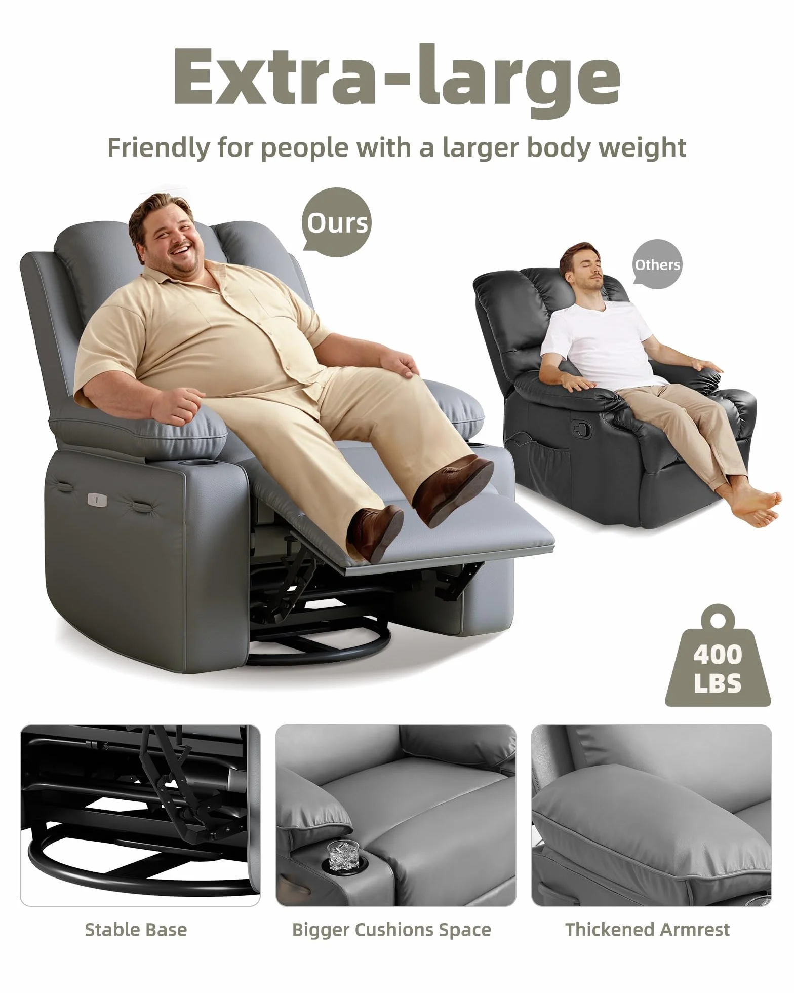 GarveeHome Oversized Recliner Chairs with Heat and Massage - 360° Swivel Lazy Recliner Chair for Adults- Manual Recliner Chair with Cup Holder for Living Rooms, Bedrooms and Nurseries - Grey