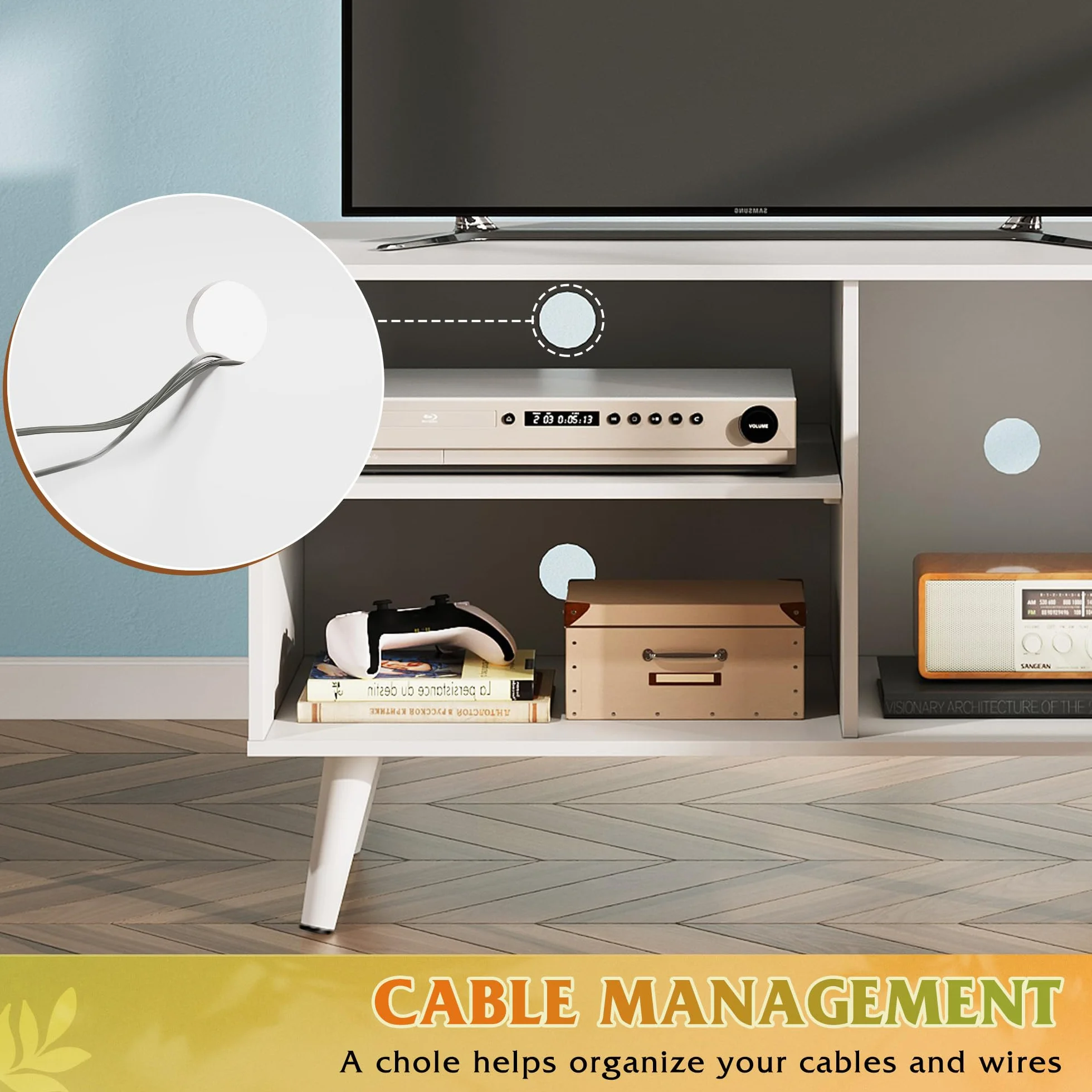 WLIVE TV Stand for 40 Inch TVs, Small Entertainment Center with Storage Cabinet, Mid-Century Modern TV Stands for Living Room and Bedroom, 32" TV Console, White