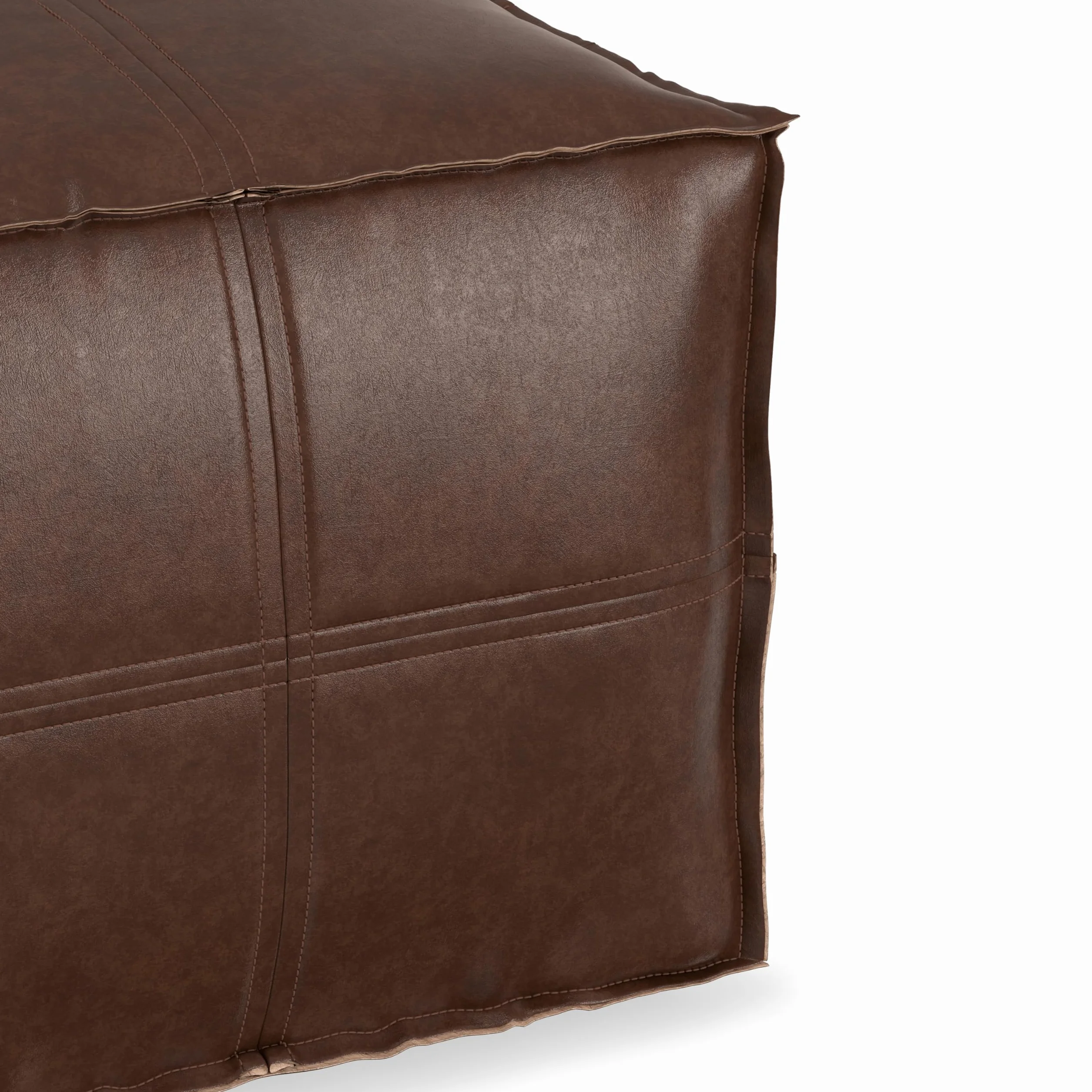 SIMPLIHOME Brody 24" Wide Pouf in Distressed Camel Brown Faux Leather