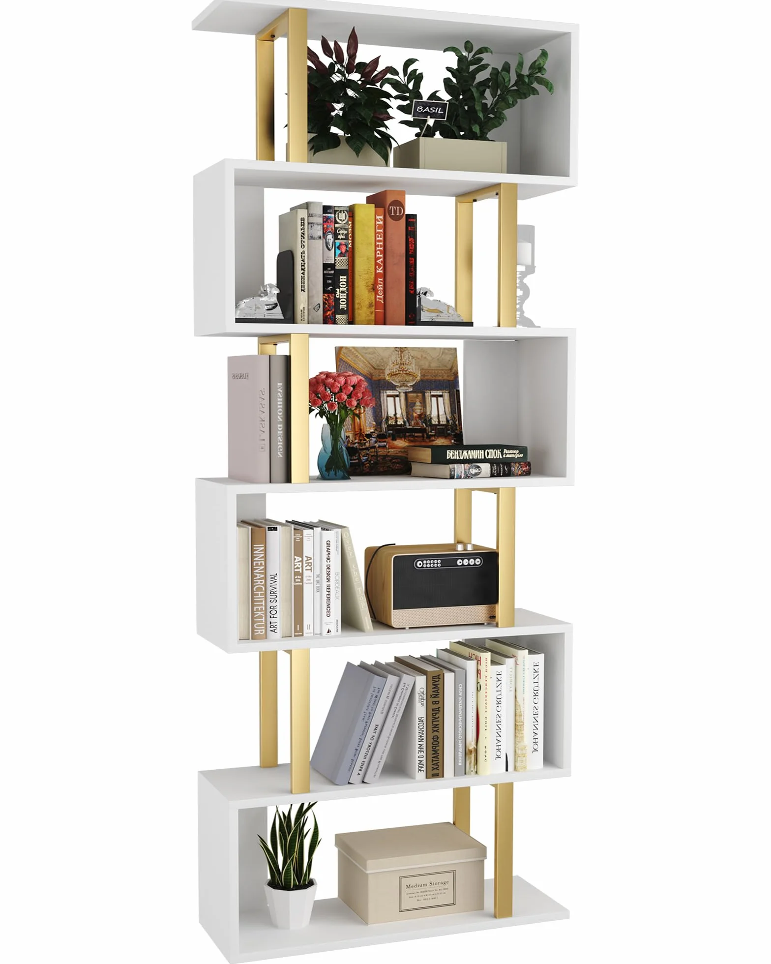 Yusong Geometric Bookcase, S Shaped Bookshelf 6-Tier Book Shelves for Bedroom, Modern Wood Decorative Display Shelf Tall Book Case for Home Office, Gold and White