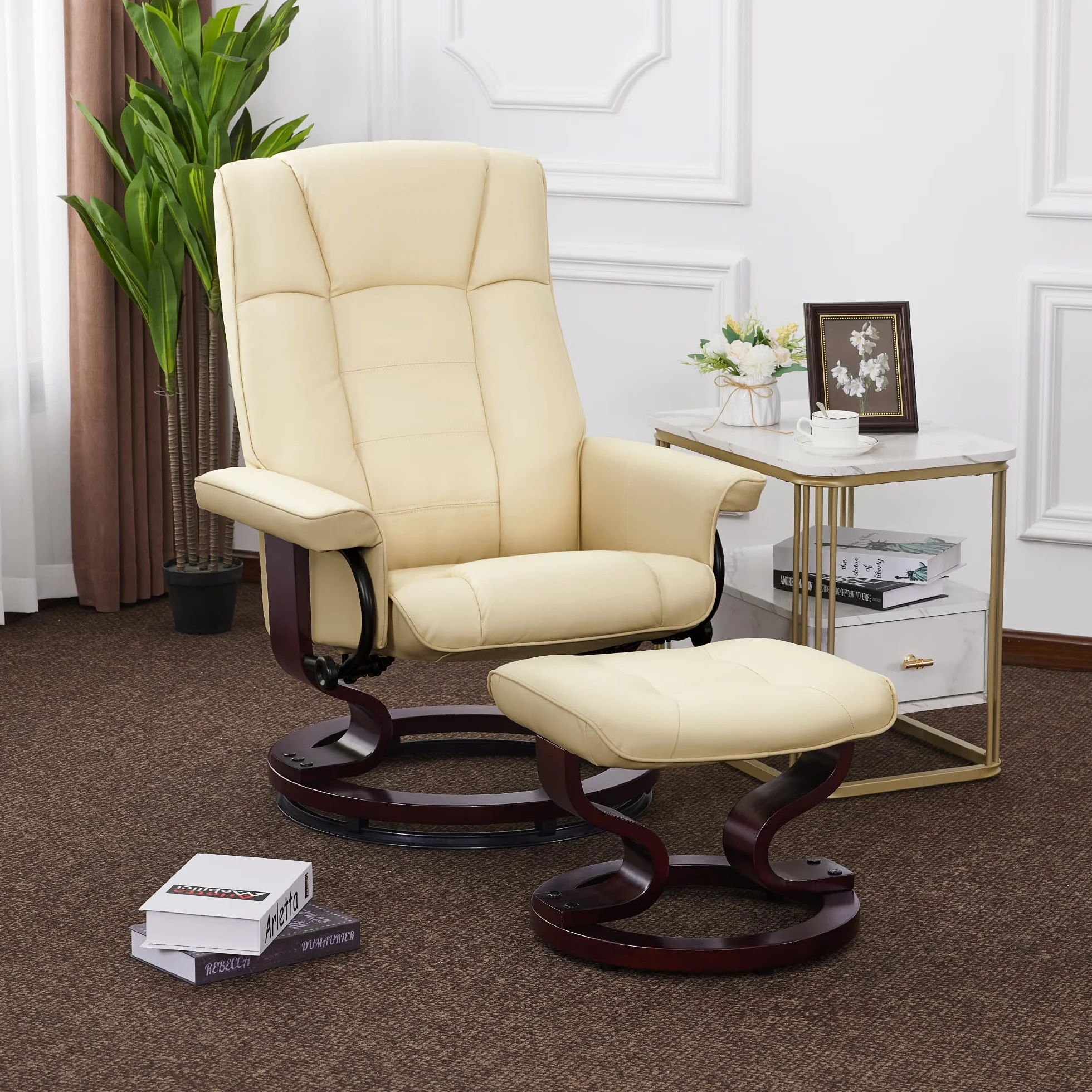 MCombo Manual Swivel Recliner with Ottoman, Chair Ottoman Set for RV Small Spaces, Living Room, Bedroom, Office 9019 4919 (Faux Leather, Cream White)