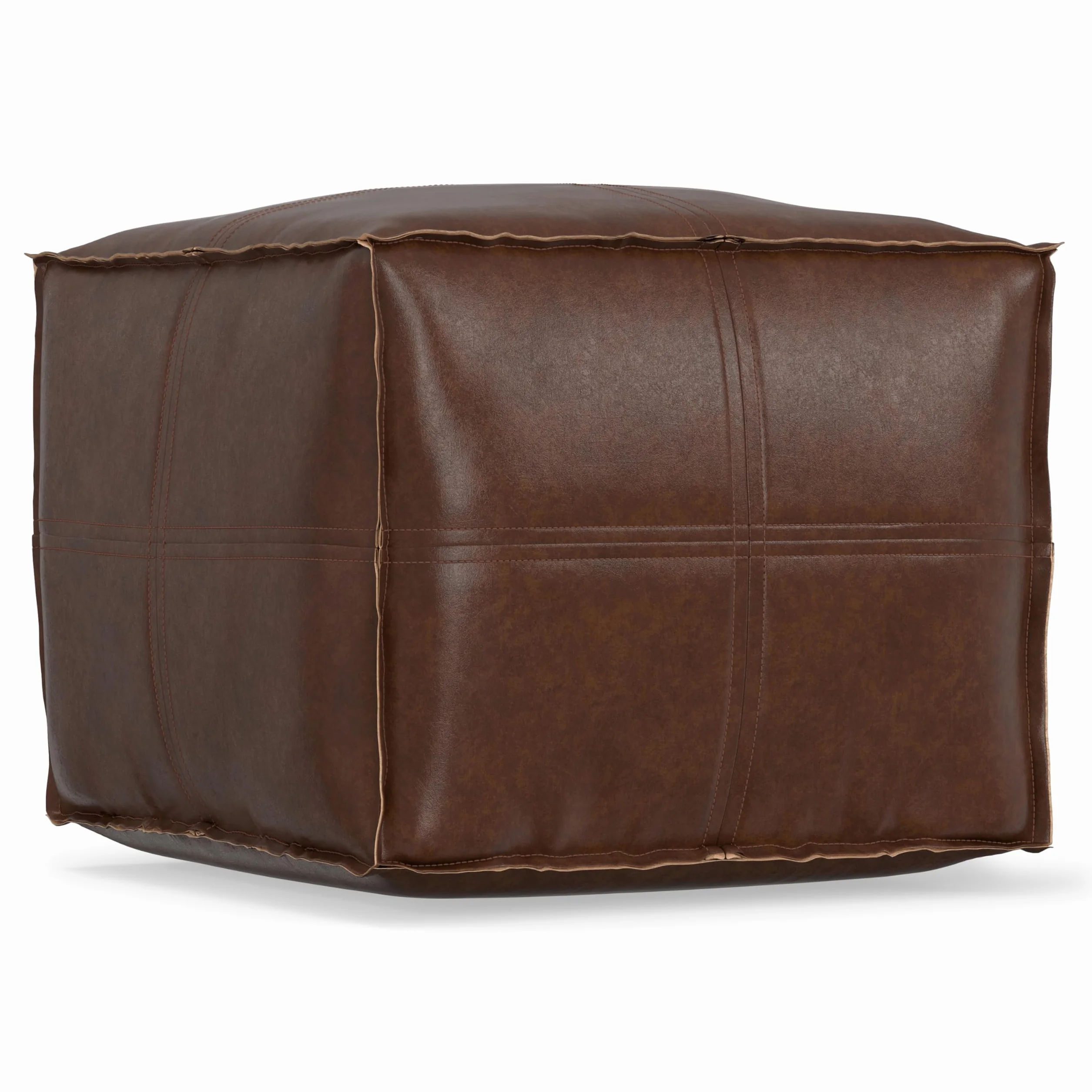 SIMPLIHOME Brody 24" Wide Pouf in Distressed Camel Brown Faux Leather