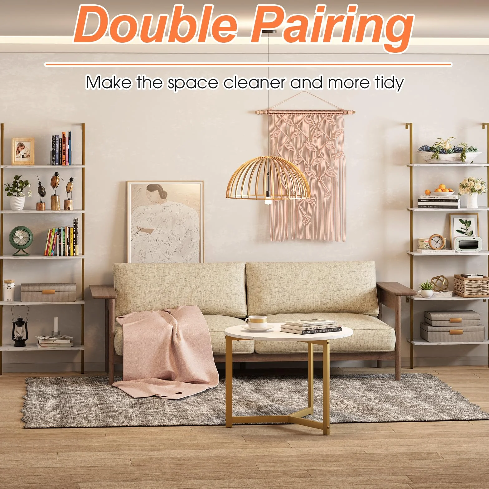 Wolawu Ladder Shelf 5 Tiers Wall Mounted Bookshelf 2-Piece White Marble Modern Bookshelf Open Tall Storage Bookcase Standing Leaning Wall Shelves Industrial Decorative for Home Office Living Room