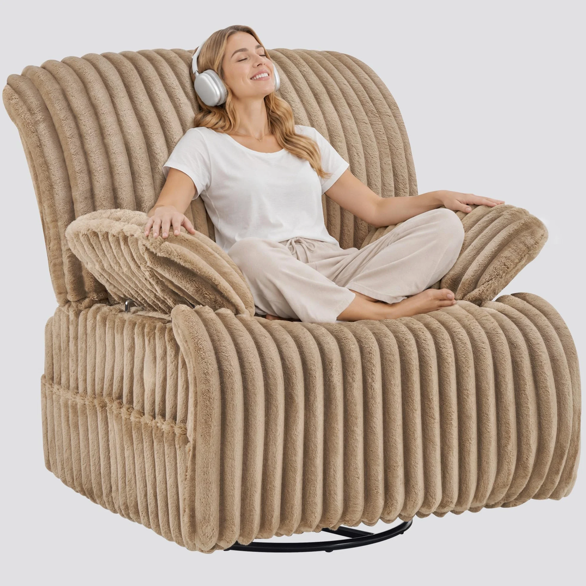 GRAINELL Oversized 40" Swivel Recliner Nursery Rocking Chairs, Khaki | Wide Stripe Fabric Glider Recliner for Adults Living Room Chairs with with Adjustable Armrests & 360° Rotation