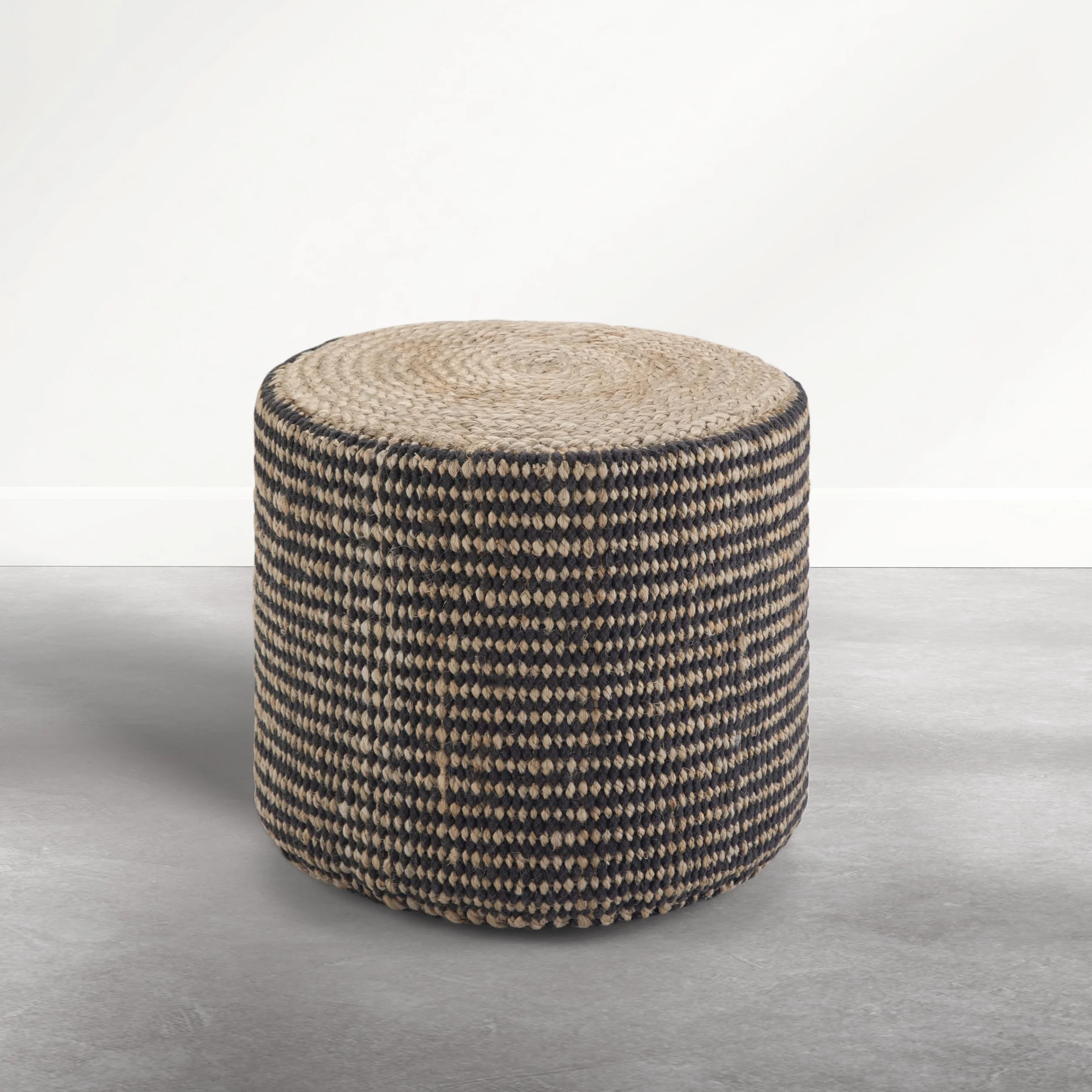 SIMPLIHOME Larissa Round Pouf - 18 inch Wide Hand Braided Jute Ottoman in Sandy Natural/Ebony, Boho Footstool or Extra Seating for Living Room or Kids Room with Polystyrene Bead Filling, Assembled