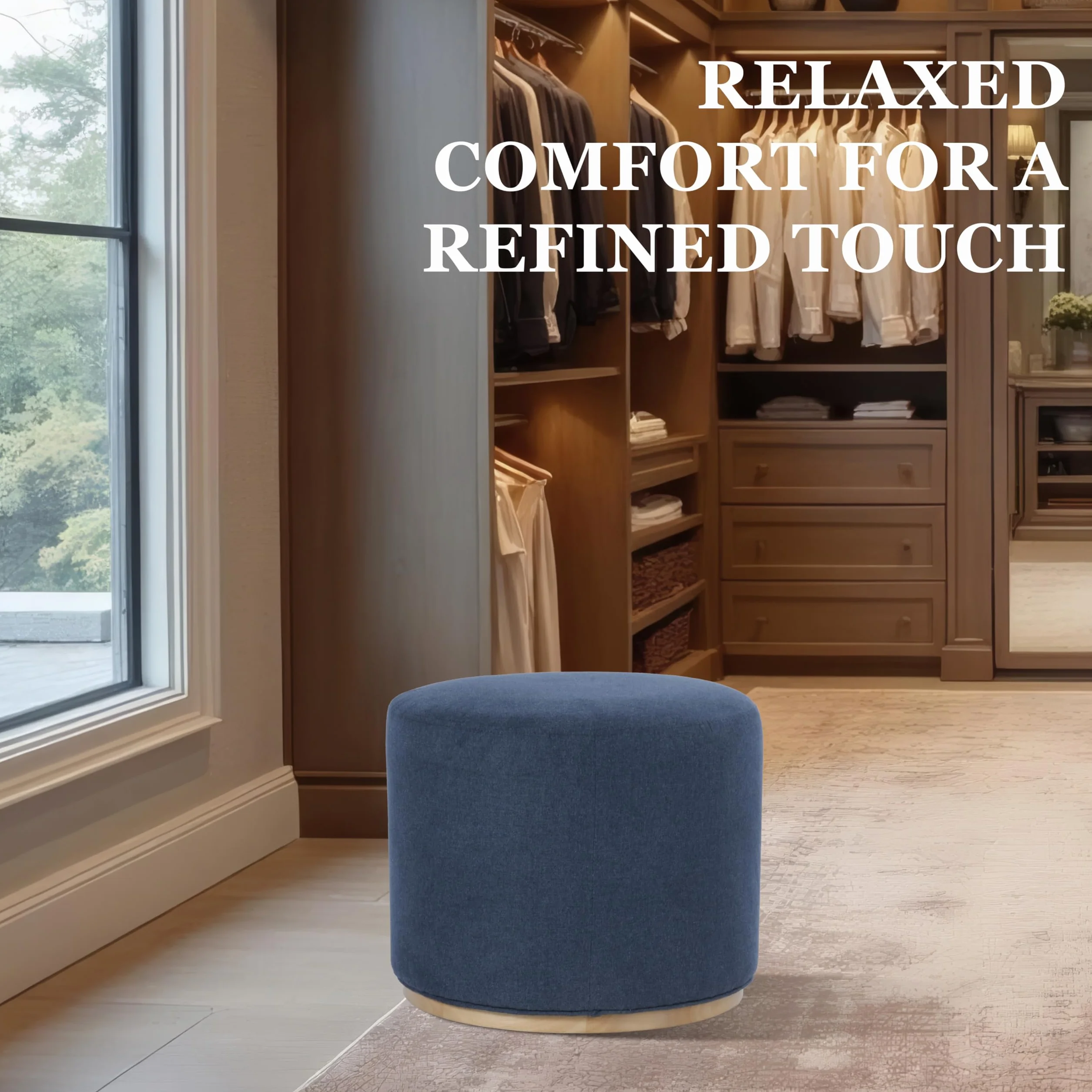 Spatial Order 22" Round Ottoman with Wooden Base - Blue Woven Fabric
