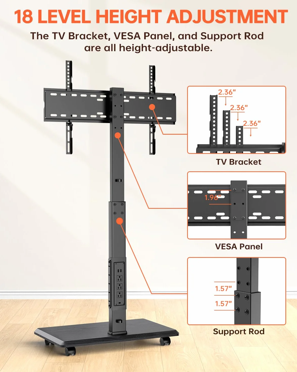 Afaloona Rolling TV Stand for 32-75" TV with Power Outlet,Height Adjustable | Mobile TV cart with 18 height settings, up to 110 lbs, ±30° swivel and Max VESA 600×400mm for homes, offices and classrooms.