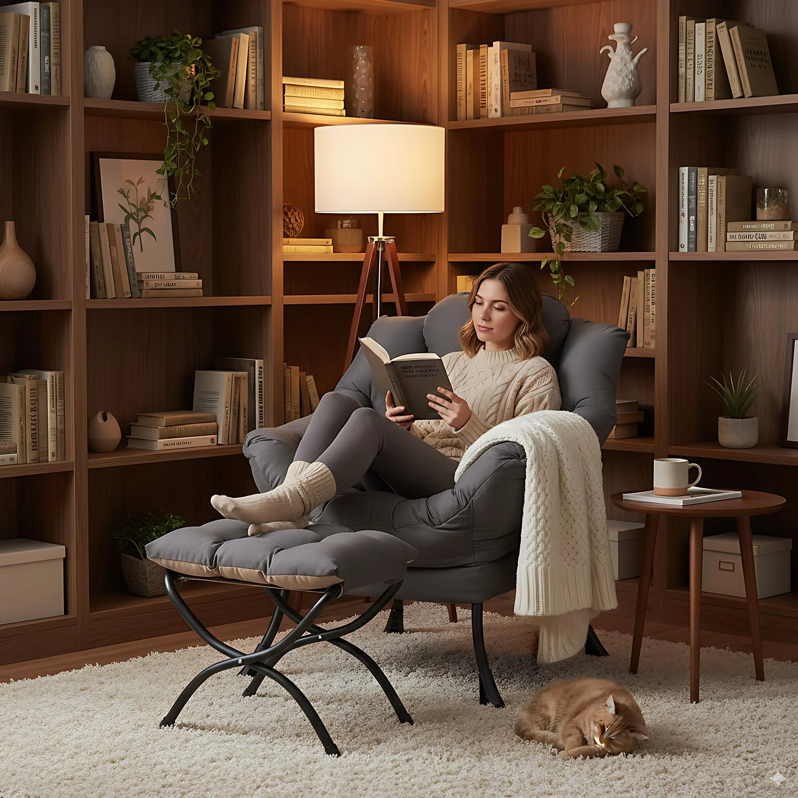Lazy Chair with Ottoman, Comfy Accent Reading Chair, Dark Grey | Foldable Footrest,Removable Cover,with Armrests and Side Pockets,Upholstered Lounge Chair for Bedroom,Dorm,Office,Small Space