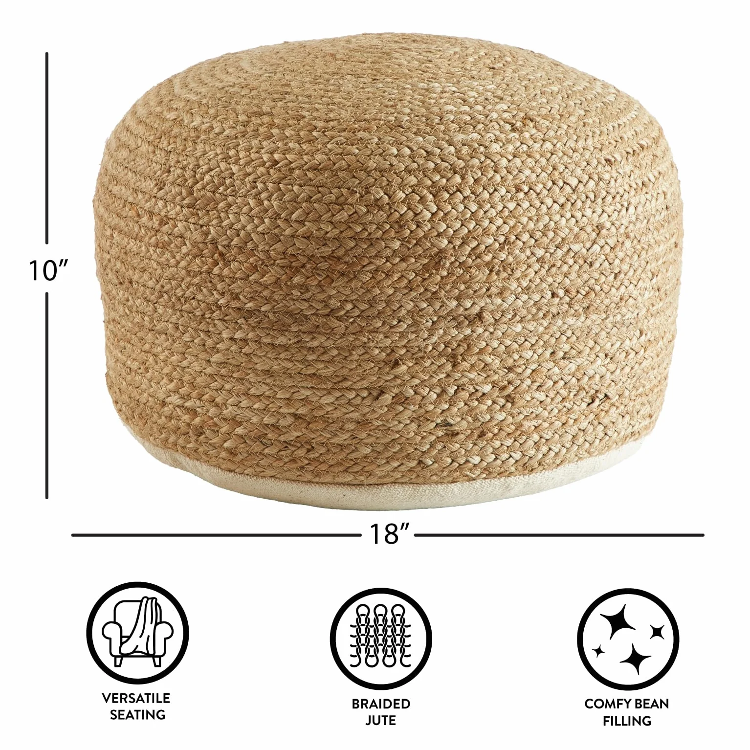 Urban Lifestyle Circular Natural Jute Braided Pouf Ottoman and Footrest, 18"x18"x10"H