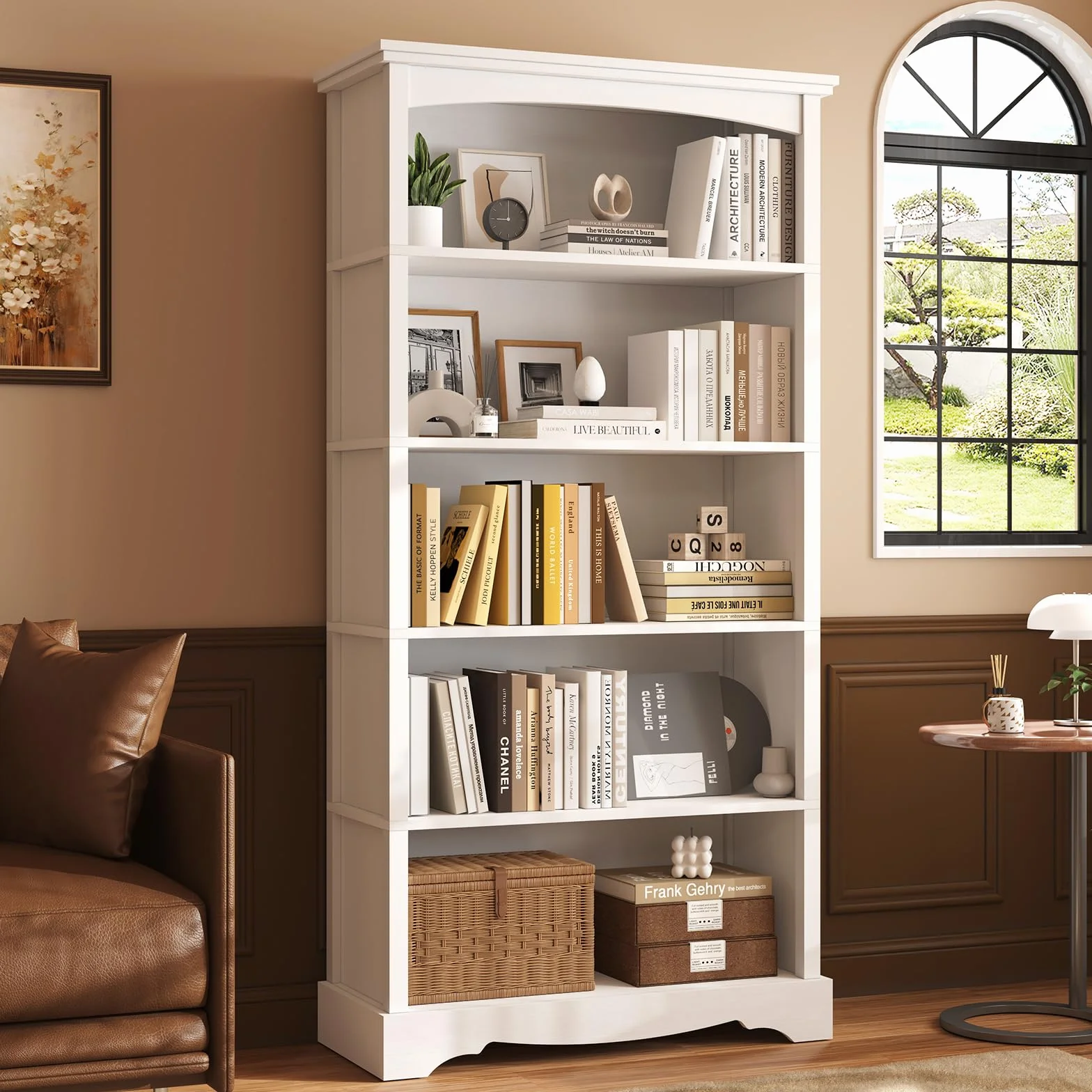TVU 5-Tier Wooden Bookshelf, 31.5" W x 65" H ×9.9" D Bookshelf with Storage, Floor Standing Modern Style Display Bookcase for Living Room, Office, Study Room, Entryway, White