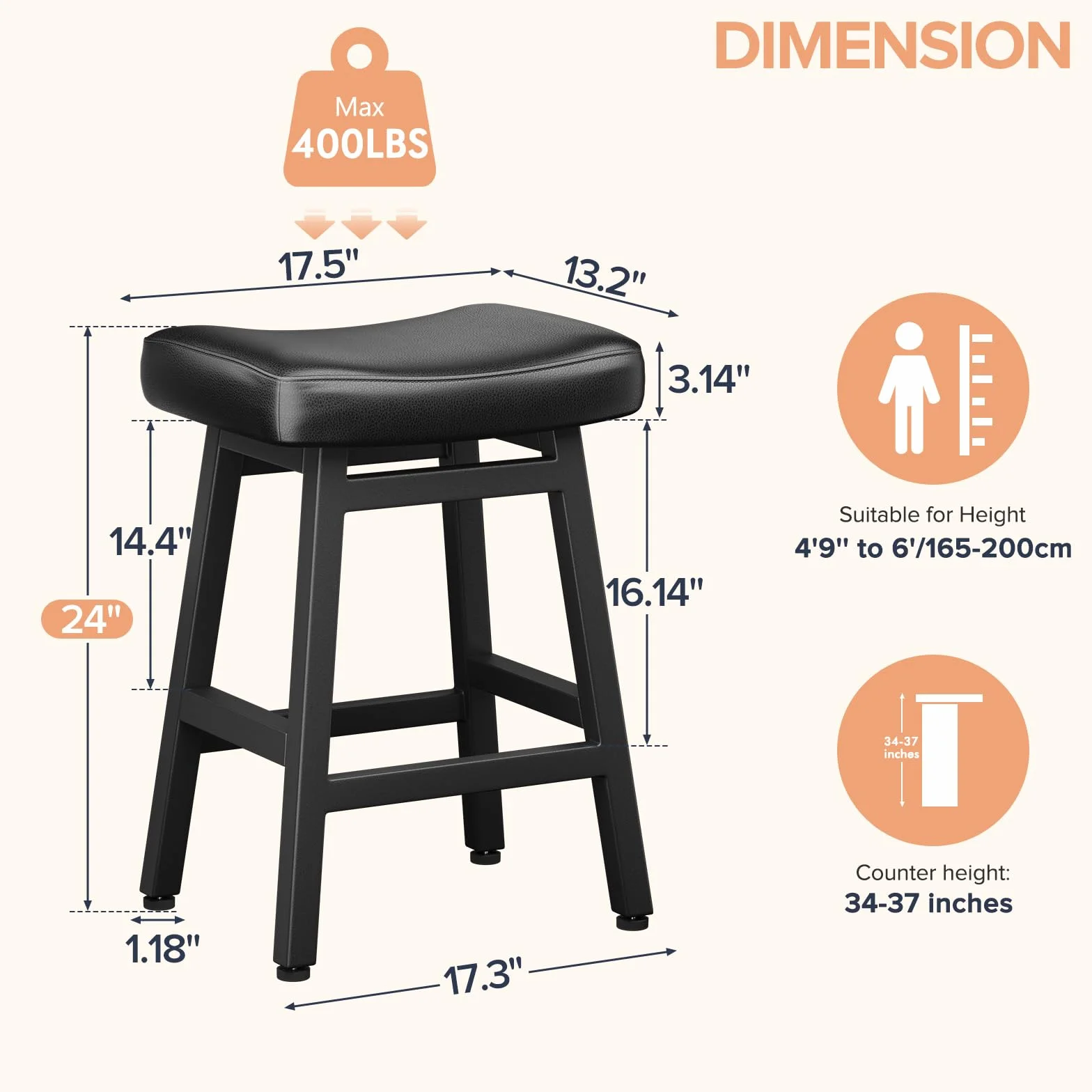Raynesys 24 Inche Bonded Leather Counter Height Bar Stools Set of 2 Curved | Barstools with Curved Bonded Leather Seats & Heavy Duty Metal Legs for Kitchen Counter, Easy Assembly, All Black