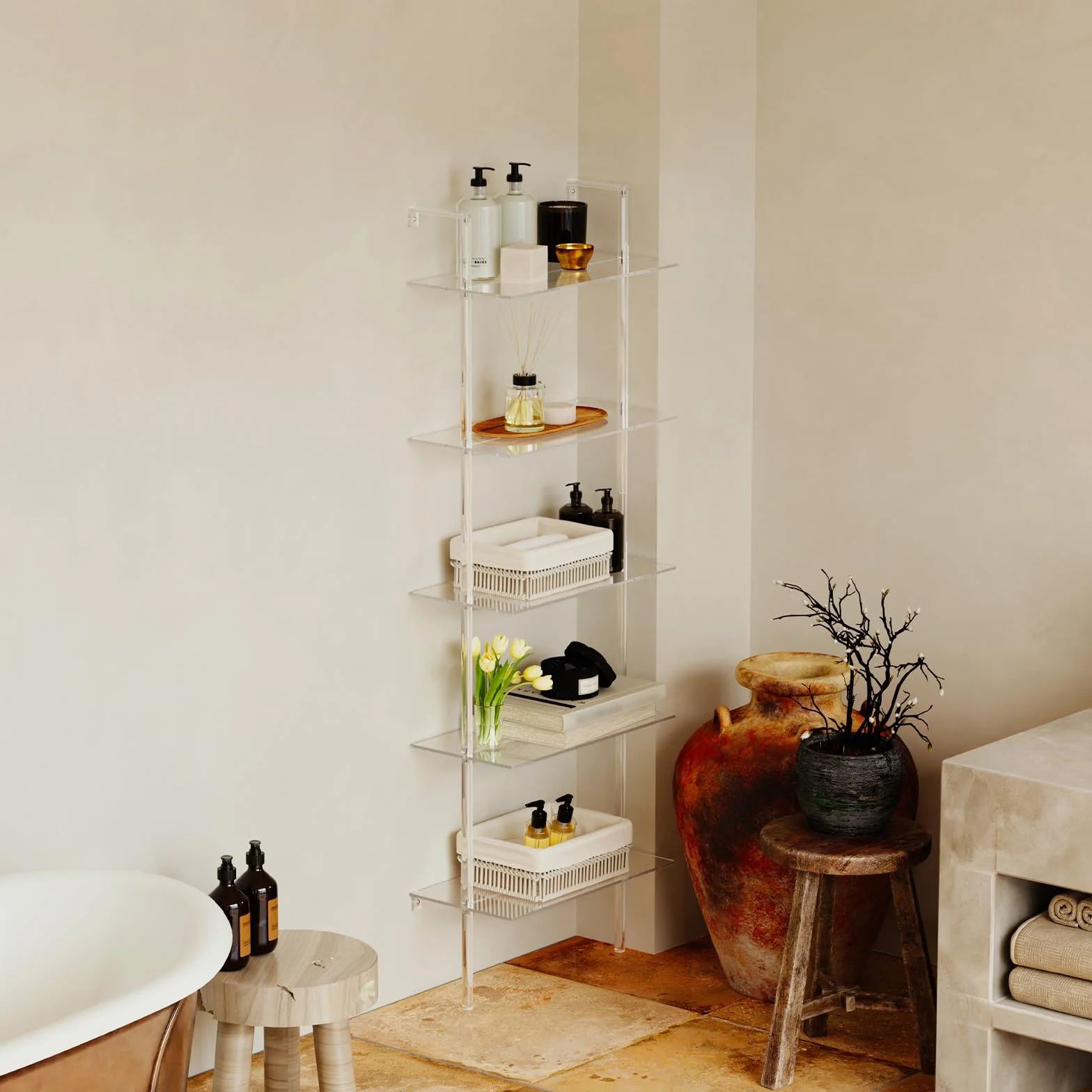 Acrylic Ladder Bookshelf, 5-Tier Clear Wall Mounted Bookshelf with Open Shelves, Multipurpose Bookcase for Living Room, Bathroom, Office, Modern, 11.6" D x 23.4" W x 72.6" H