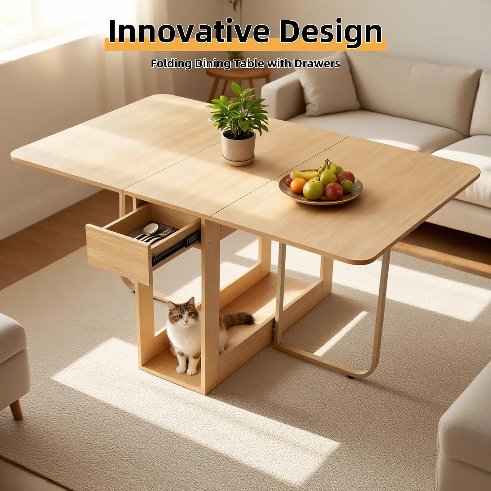 Folding Dining Table, 35.4" x 54.9" Expanded Drop Leaf Table for 4-6, Wood | 300lb Capacity, 2 Drawers, Lockable Wheels, Space-Saving Folding Kitchen Table for Dining Room/Apartments/RV/Home Office/Room