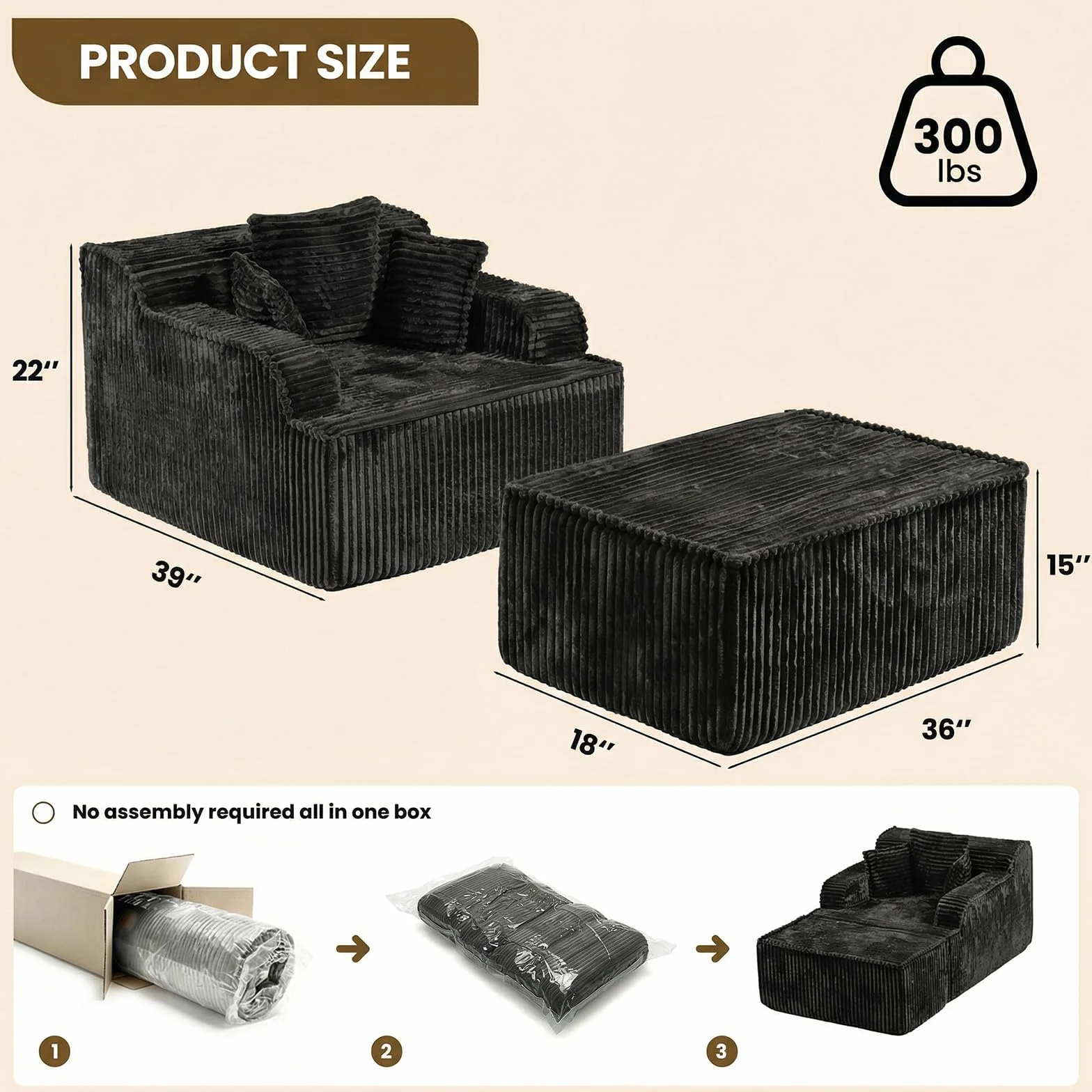 Chaise Lounge Chair Indoor,Boneless Chair with Ottoman,Comfy Reading Chair for Adults,Small Sofa Bed Couch for Living Room,Single Sleeper Chair Bed,Black