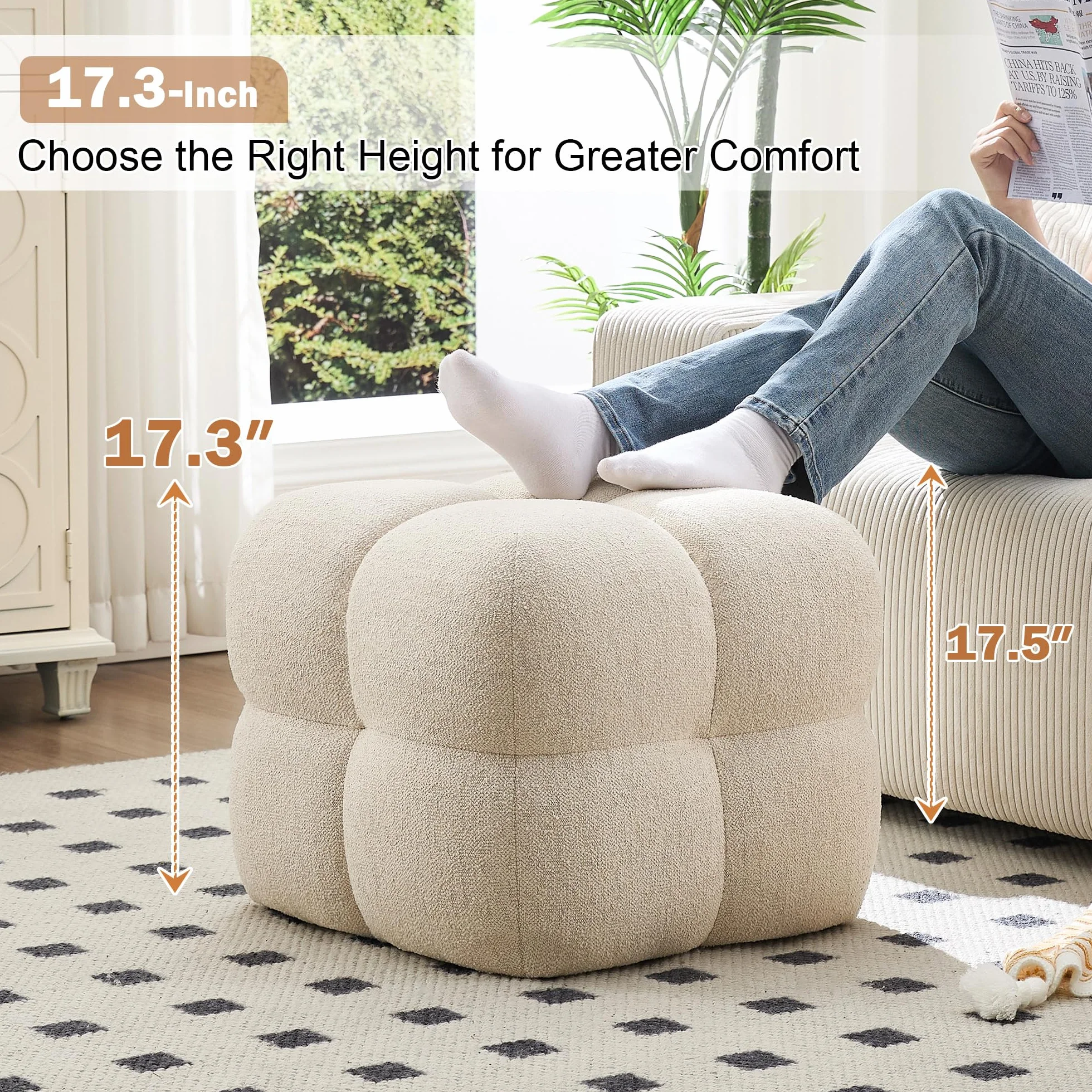 Zesthouse Square Pouf Ottoman Footstool, Modern Vanity Chair for Bedroom | Linen Fabric Foot Rest for Couch, Upholstered Tufted Footstool, Poofy Ottoman Seat for Living Room Dorm Fluffy Ottoman Beige