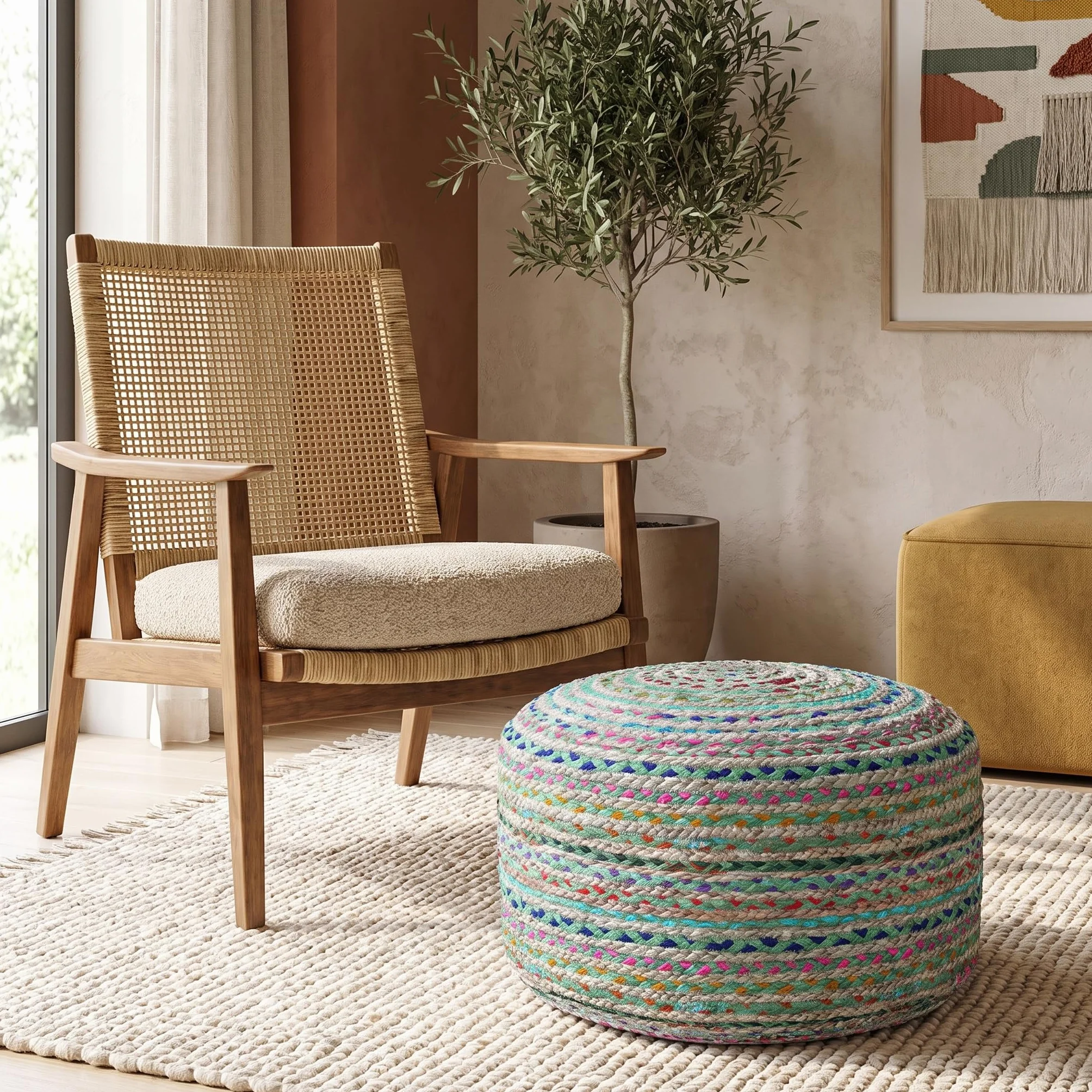SIMPLIHOME Morden 18" Wide Square Pouf in Camel Brown Genuine Leather