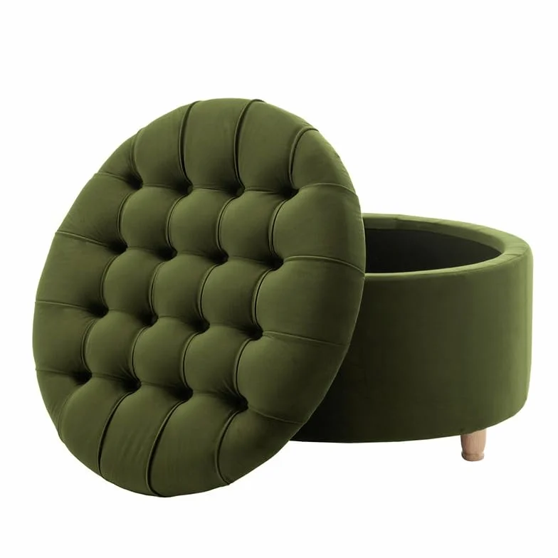 Niche Knight 28-Inch Large Round Pintucked Storage Ottoman with Lift-Off Lid, Tufted Upholstered Accent Footrest for Living Room, Bedroom, Entryway, Hidden Storage – Emerald Green