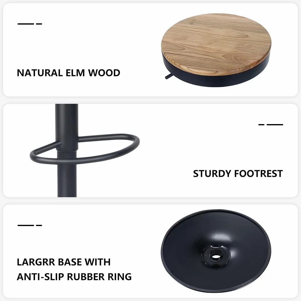 Kidol & Shellder Black Bar Stools Set of 2 Adjustable Swivel Backless Barstools Modern Round Wooden Seat Counter Height Bar Chairs Armless for Kitchen Island, Cafe, Dining Room