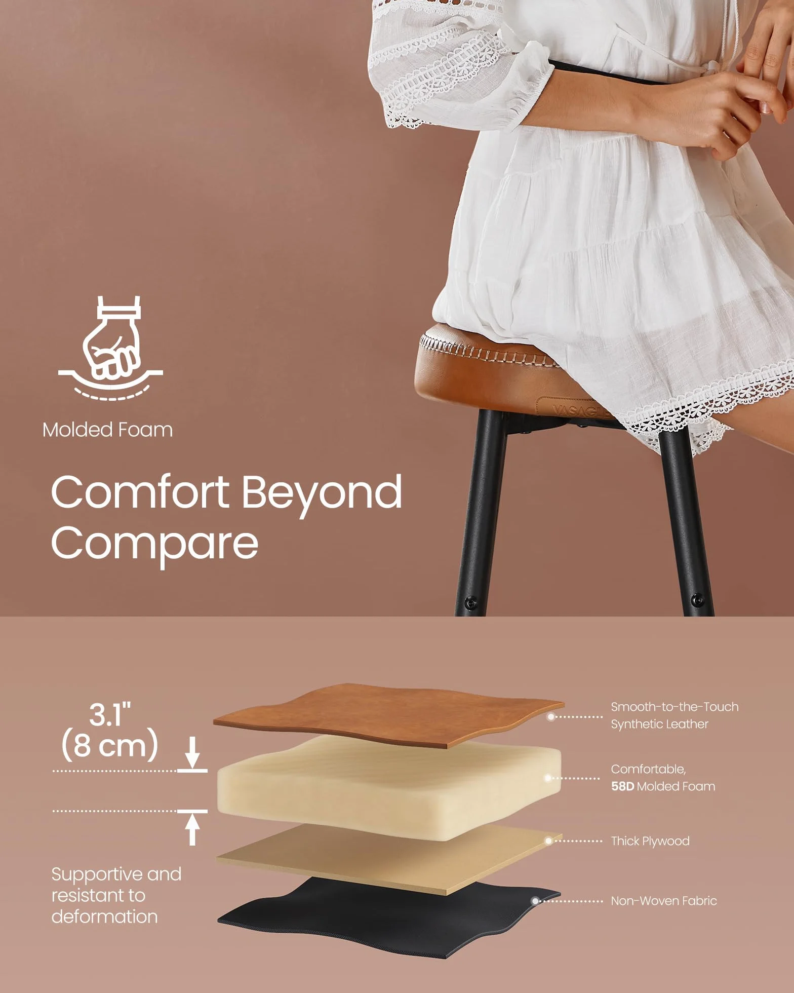VASAGLE EKHO Collection - Bar Stools Set of 2, Kitchen Counter Stools, Breakfast Stools, Synthetic Leather with Stitching, Mid-Century Modern, 30-Inch Tall, Home Bar, Caramel Brown ULBC090K01V1