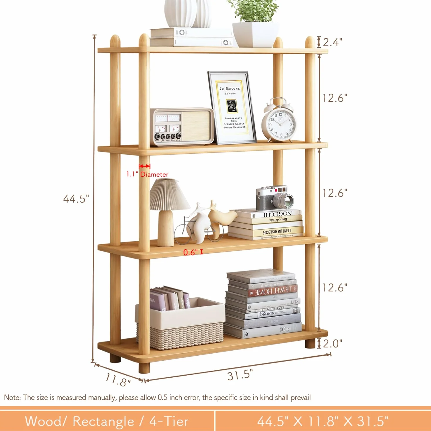 IOTXY 4-Tier Wooden Shelf Bookcase, Freestanding Open Bookshelf, Oak | Beech Wood Frame, 0.63" Shelves, Display Storage for Books, Plants, Decor, Living Room, Bedroom, Home Office