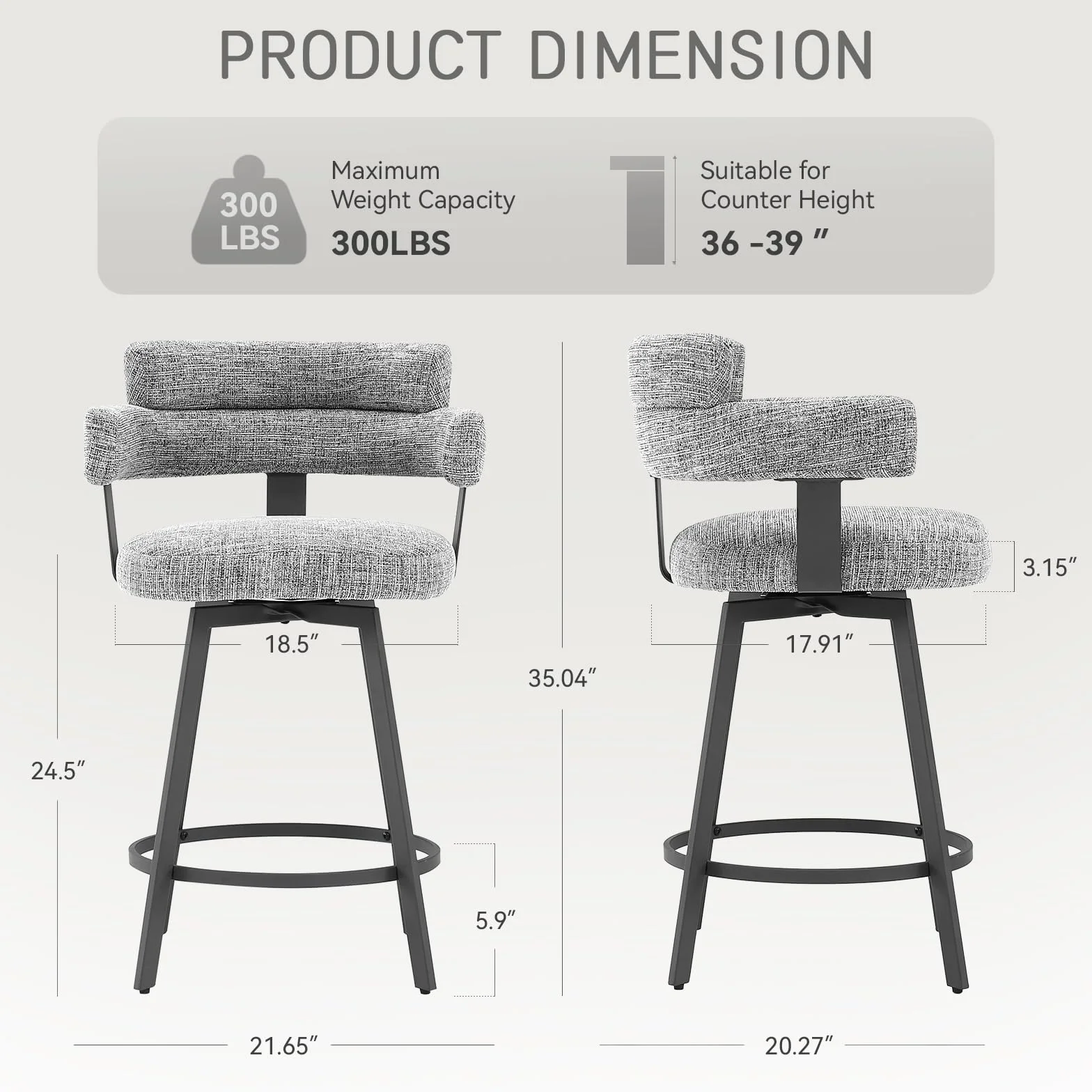 Counter Height Bar Stools with Full Back – Swivel Counter Stools Set of 2 with Linen Padded Back, Metal Footrest, Modern Barstools for Kitchen Counter, Island, Dining Room, Grey 24 inch