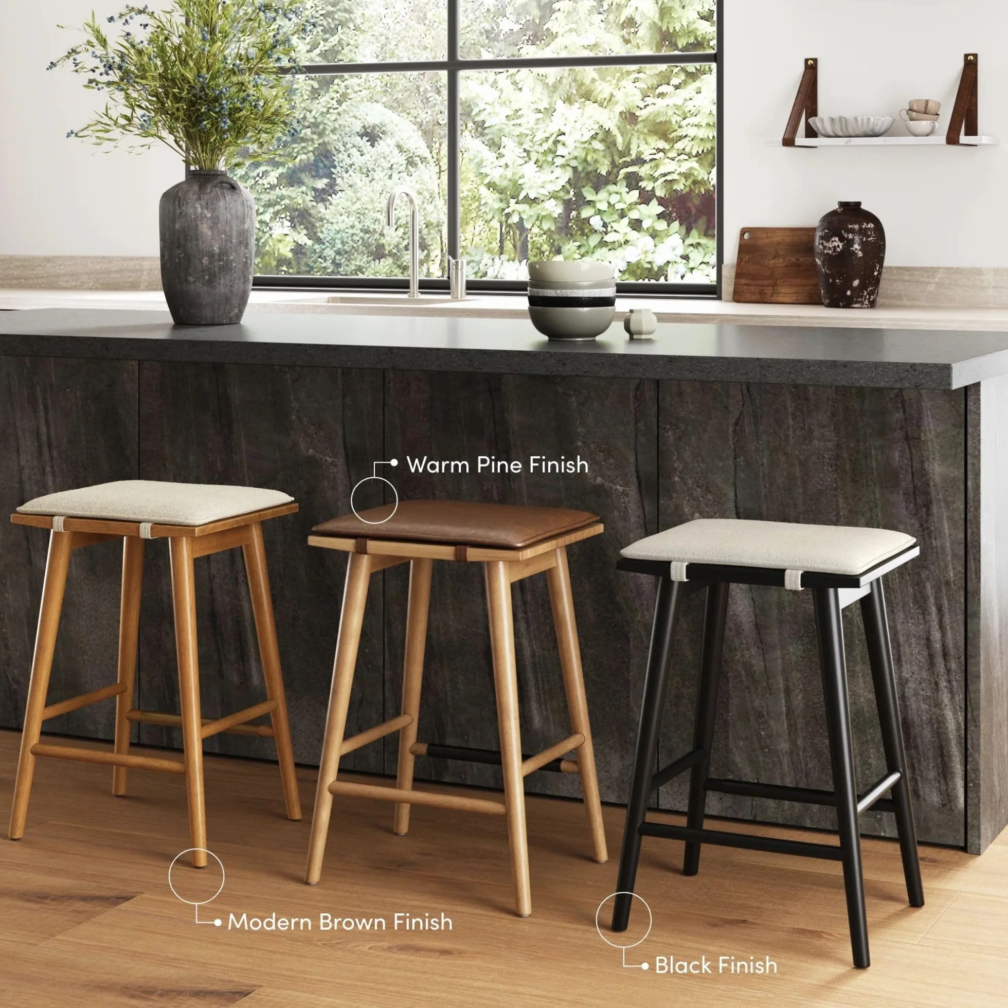 Nathan James Barker Classic Counter Height Wood Barstool with Leather Removable Cushion, Backless Island 24" Bar Stool for Kitchen, Chestnut Brown