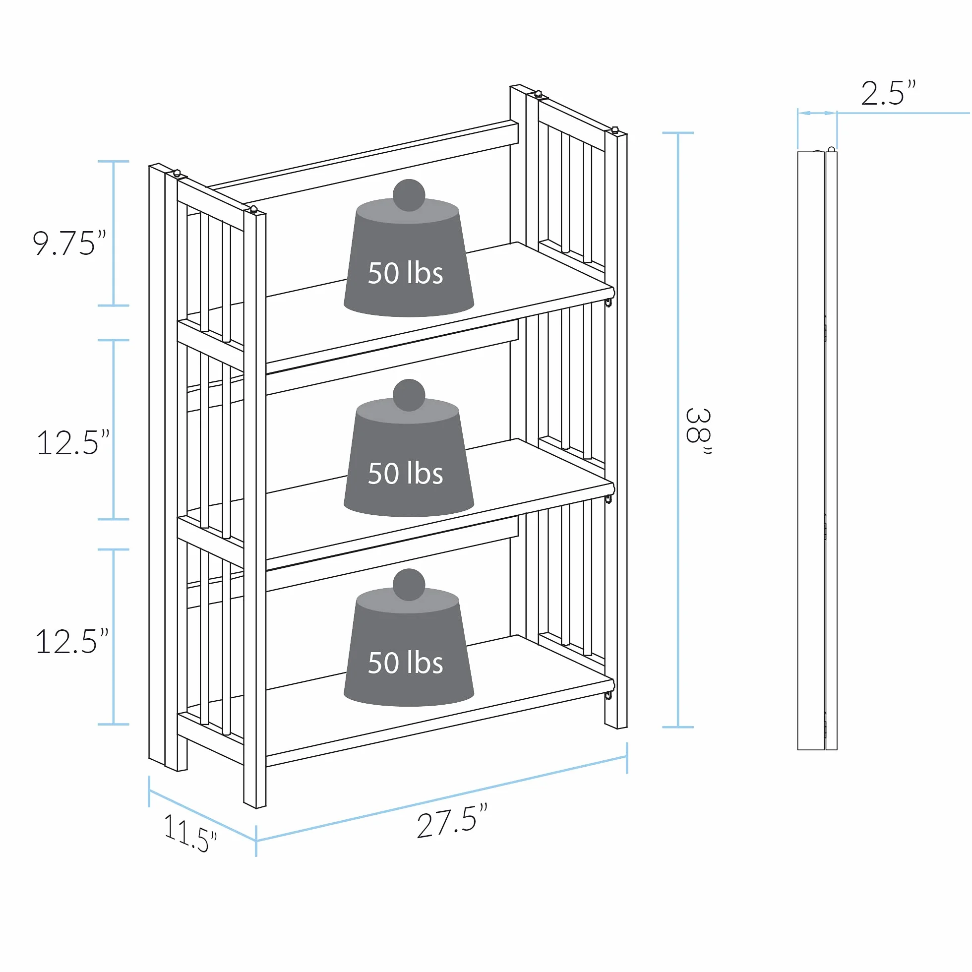 Casual Home 3-Shelf Folding Stackable Bookcase (27.5" Wide)-Walnut
