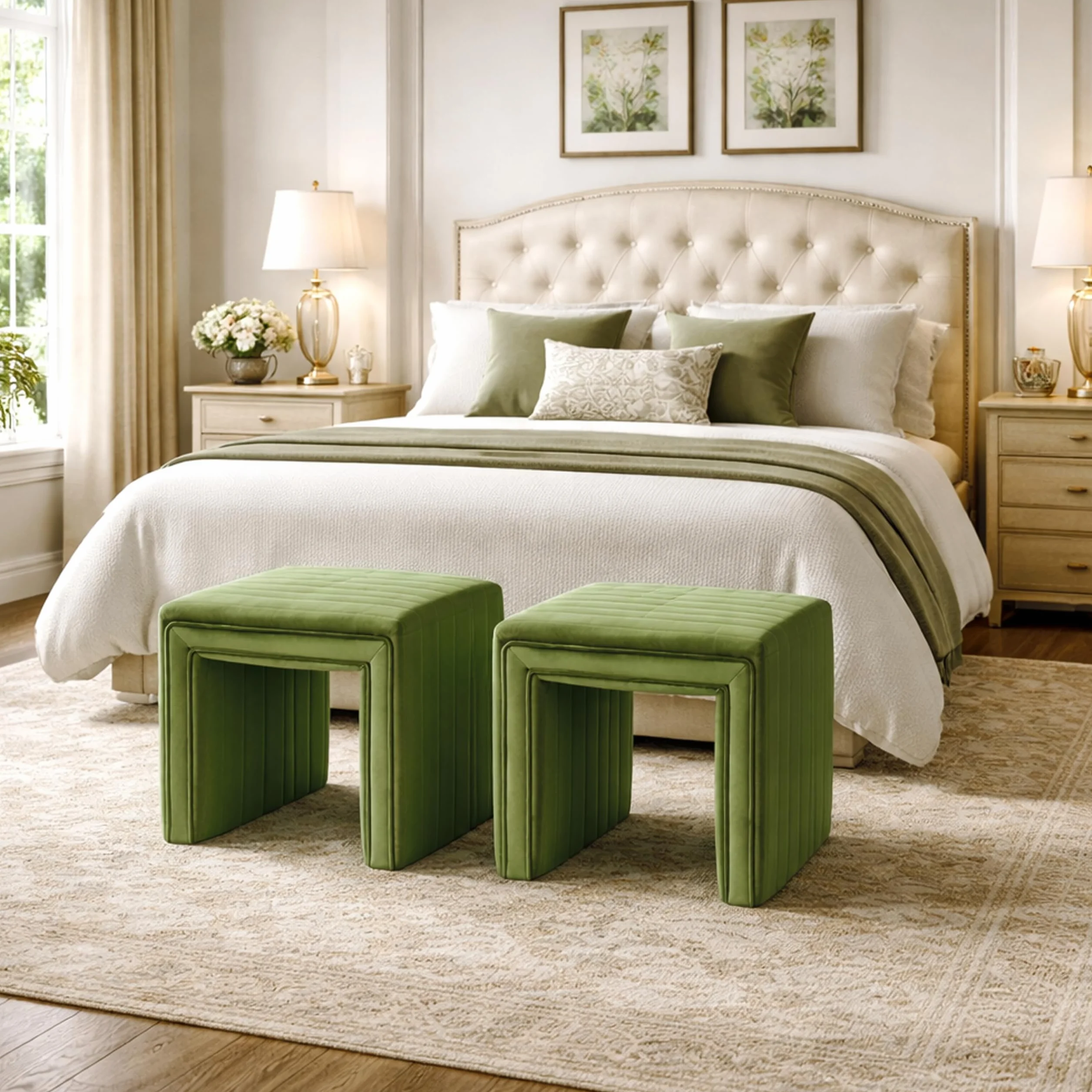Spatial Order 19" Modern Channel Tufted Velvet Ottoman - Green