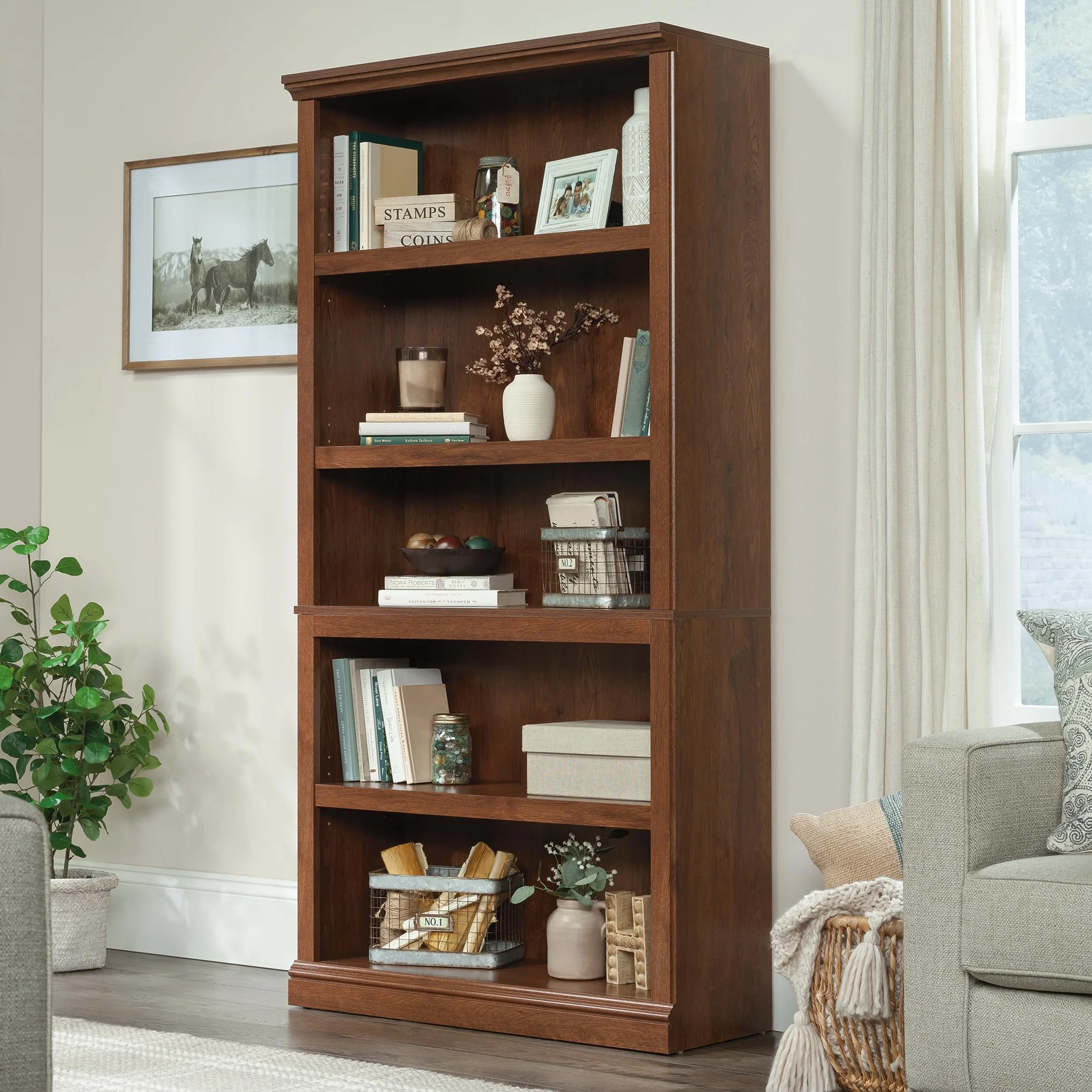 Sauder 5-Shelf Split Bookcase/ Book shelf, Oiled Oak finish