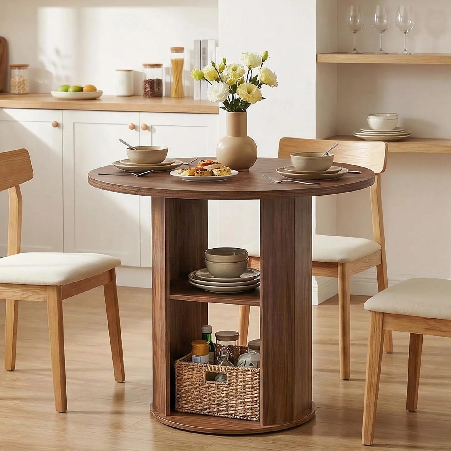 MAHANCRIS 31.5" Round Dining Table with Storage Shelf for 2-3, Circle Kitchen Dinner Table with Thick Tabletop, for Small Spaces, Circle Nook Table for Kitchen & Dining Room, Walnut DTWA8501