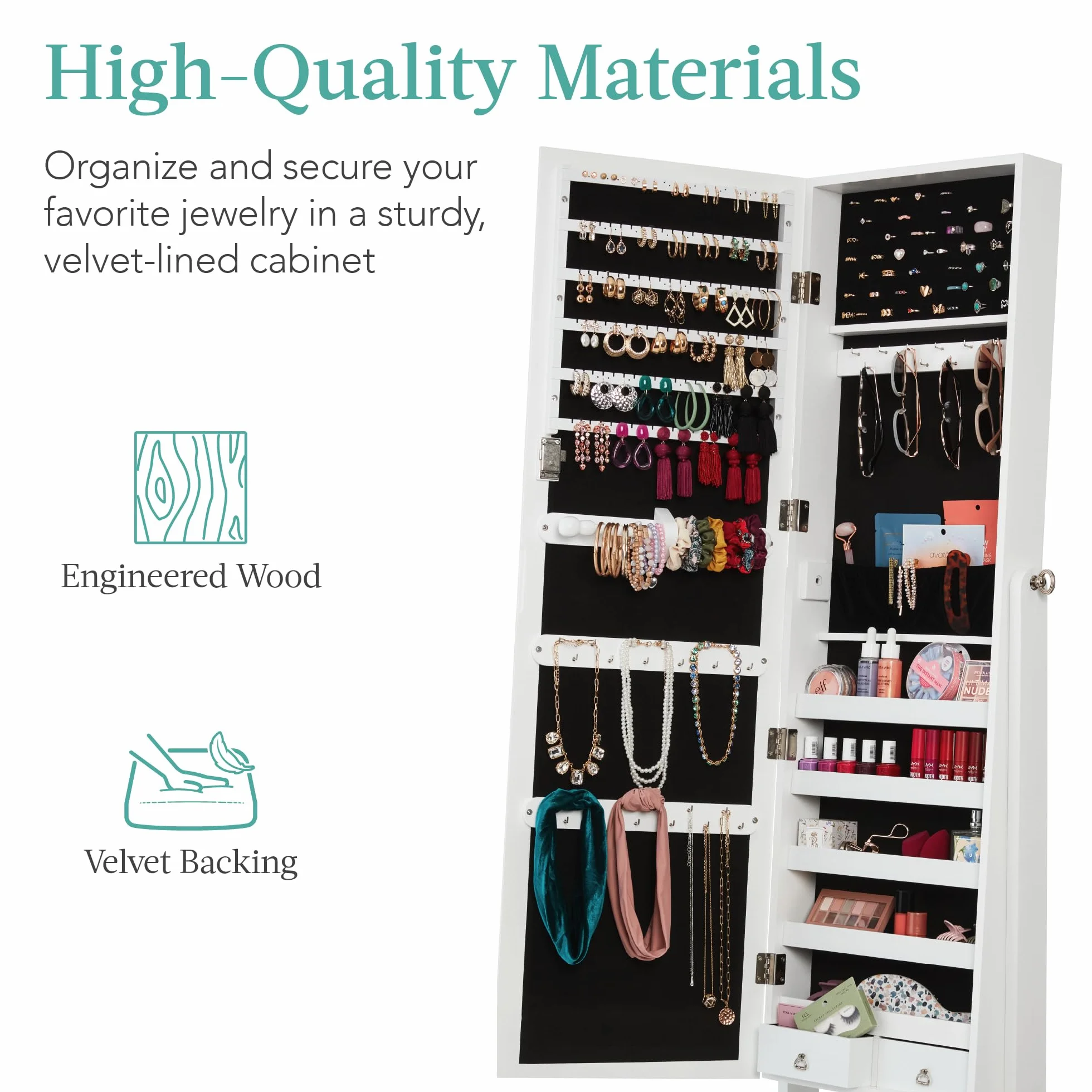 Best Choice Products Freestanding Jewelry Armoire Cabinet, Full Length Standing Mirror, Lockable Makeup Storage Organizer, w/Velvet Lining, 3 Angles, Lock, Accessory Pouch, 5 Shelves - White
