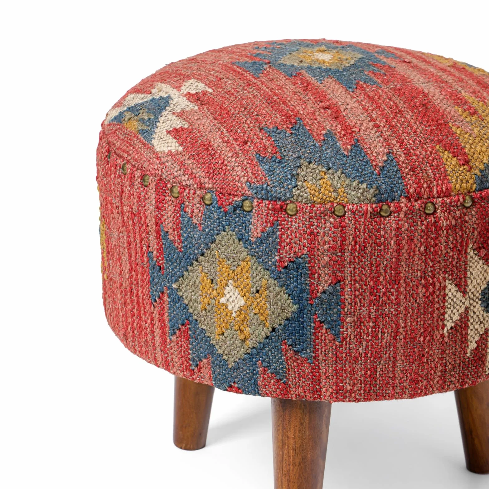 Handmade Kilim Jute Pouf Ottoman Stool | Round Upholstered Seating with Acacia Wood Legs | Decorative Foot Rest for Living Room, Bedroom, Reading Room & Lounge (Red)