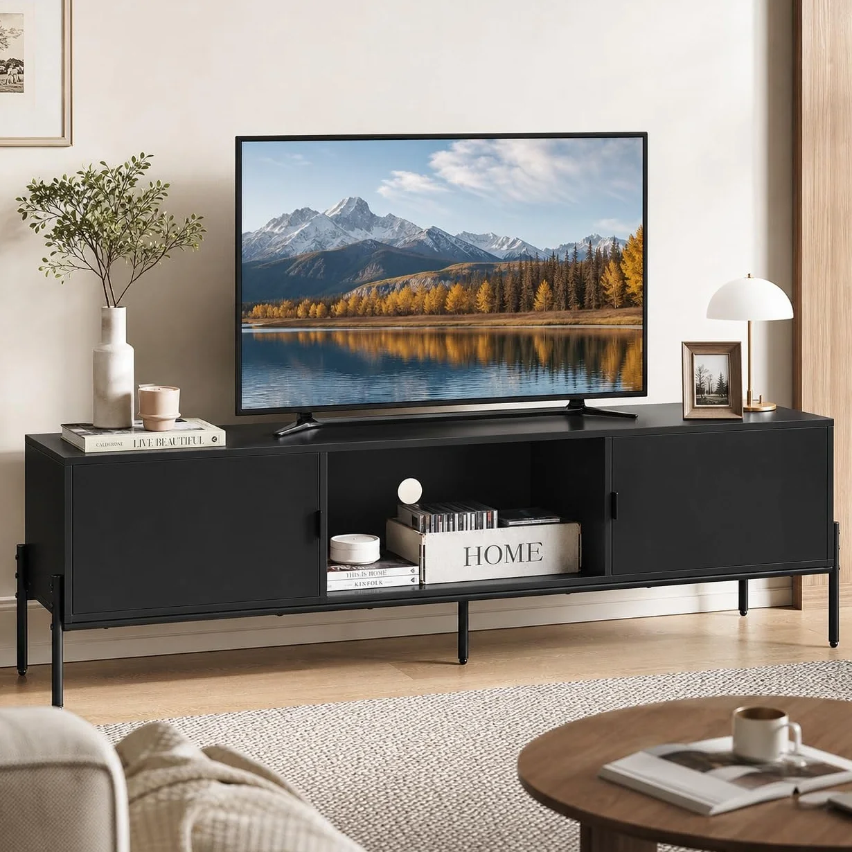 WLIVE 58" TV Stand for 65 Inch TVs, Mid Century Modern Entertainment Center with 2 Storage Cabinets & Open Shelf, Media Console Table with Metal Legs for Living Room, Bedroom, Black