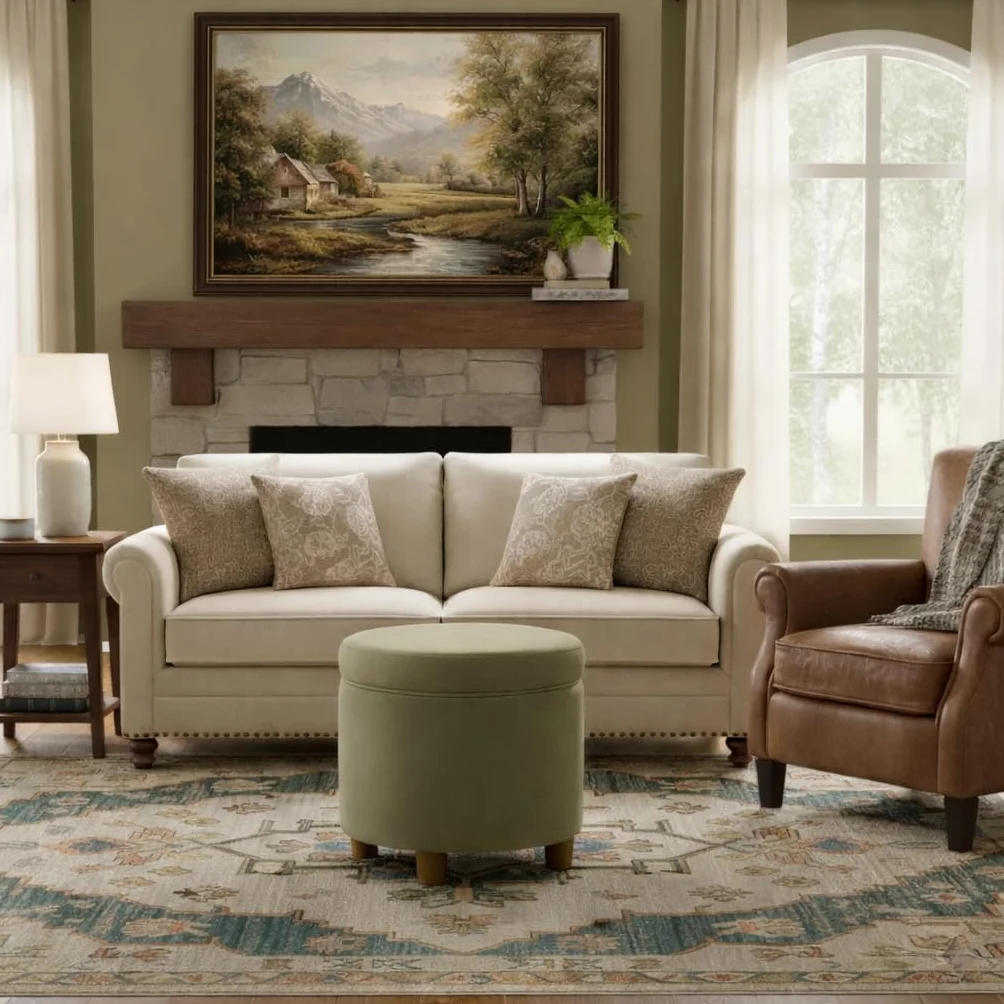 HomePop Home Decor | Upholstered Round Storage Ottoman | Ottoman with Storage for Living Room & Bedroom, Light Sage Green Velvet Large