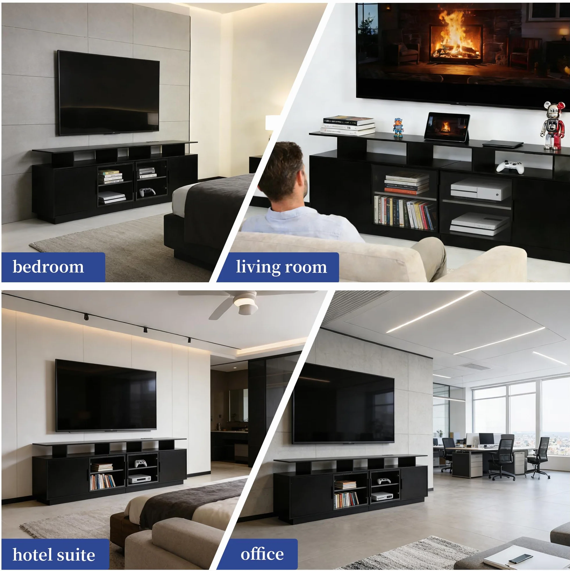 70-Inch Black TV Cabinet,Equipped with A USB Charging Strip,6 Large Storage Spaces,2 Glass Doors with Built-in Ambient Lighting,Serving as A Media and Entertainment Cabinet