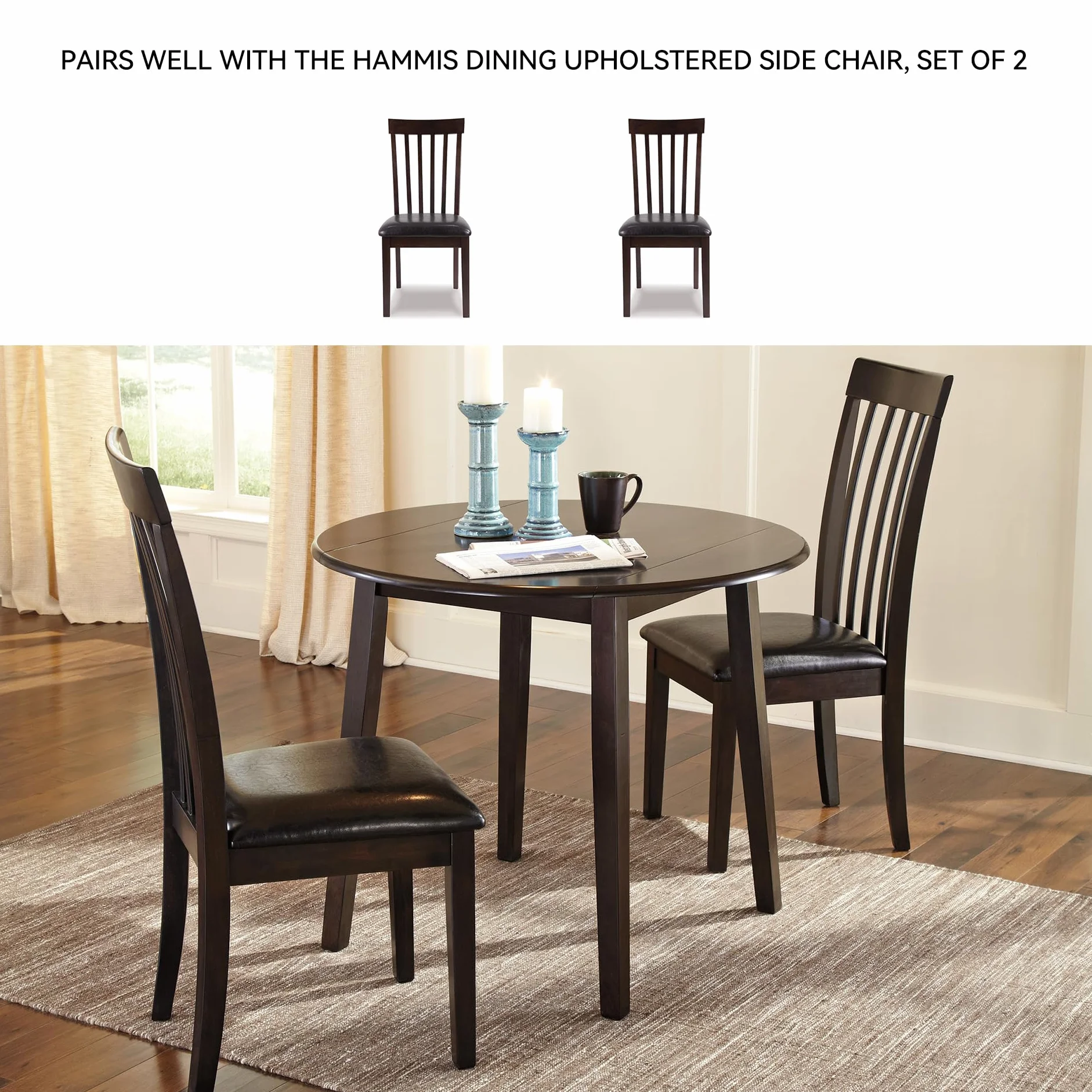 Signature Design by Ashley Small Round Drop Leaf Dining Table, Brown | Dual-hinged 36-inch extendable top for compact spaces, Made of veneers, wood and engineered wood, Hammis Series