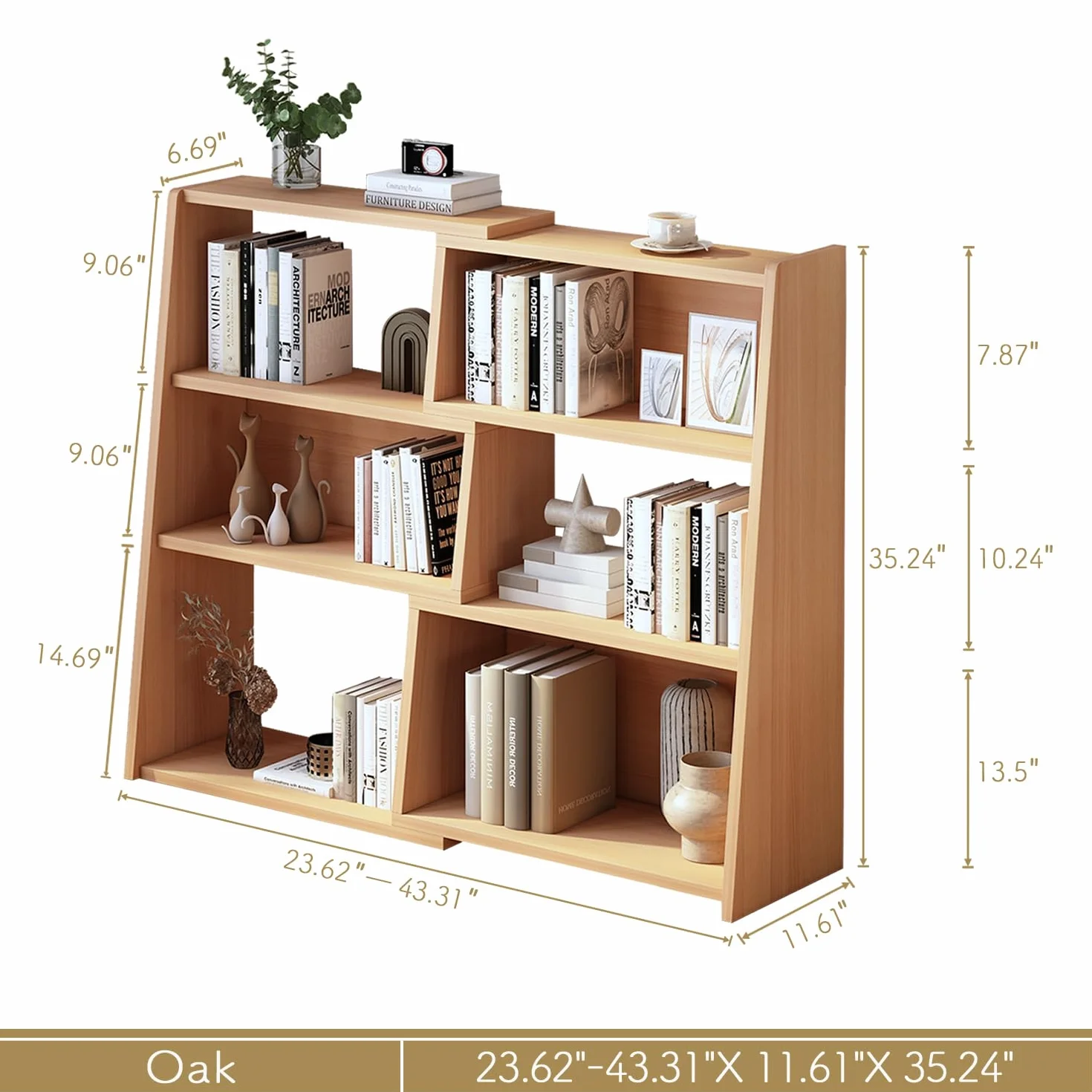 IOTXY Wooden Extendable Shelf Bookcase, 3-Tier Low Bookshelf, Oak, S | Adjustable Two-piece Design, 6 Open Cubbies, Extends 23.6"-43.3" for Straight Walls, Corners, and Small Spaces
