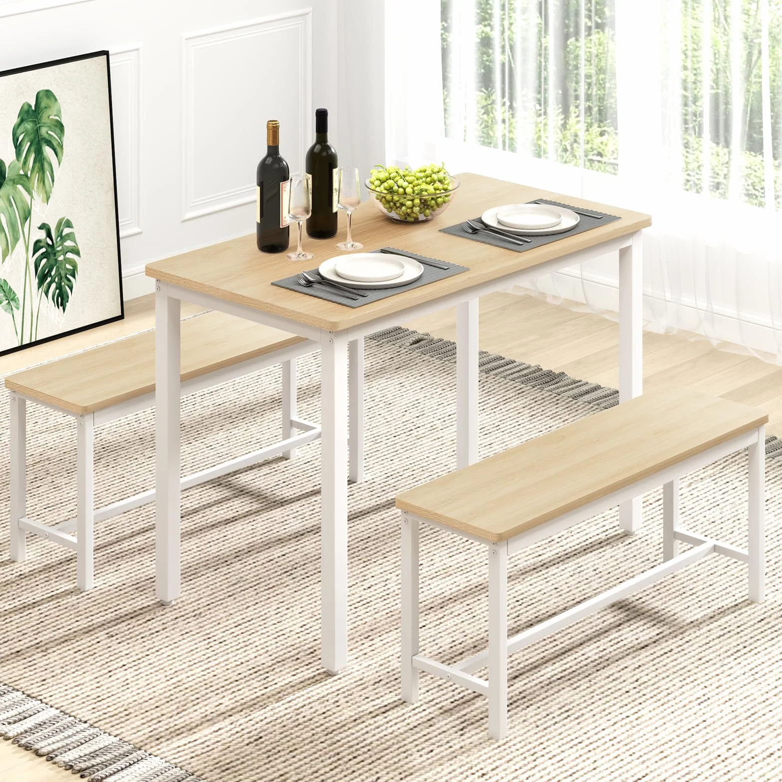 Rovibek 43" Dining Room Table Chairs Set for 4, Modern Space Saving Kitchen Table with 2 Benches & Adjustable Feet Breakfast Table, Wooden Industrial Style Farmhouse, White