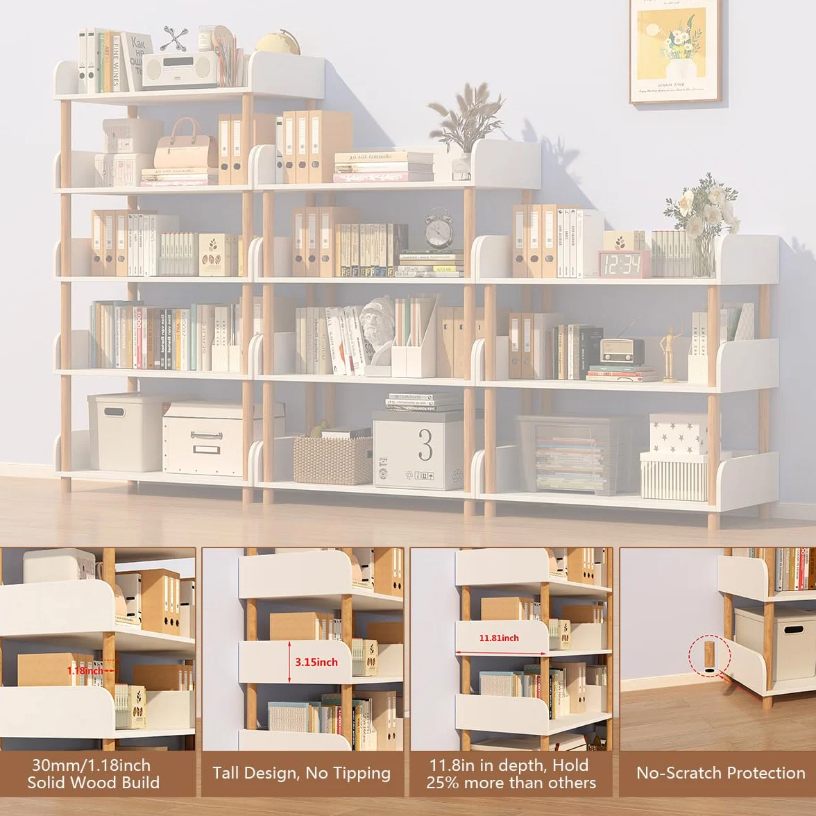 3-Tier Open Bookcase with Extra-Deep Shelves - Modern Display Bookshelf Premium Solid Wood for Living Room, Home Office & Bedroom, 11.8in Deep Storage Cabinet, Warm White