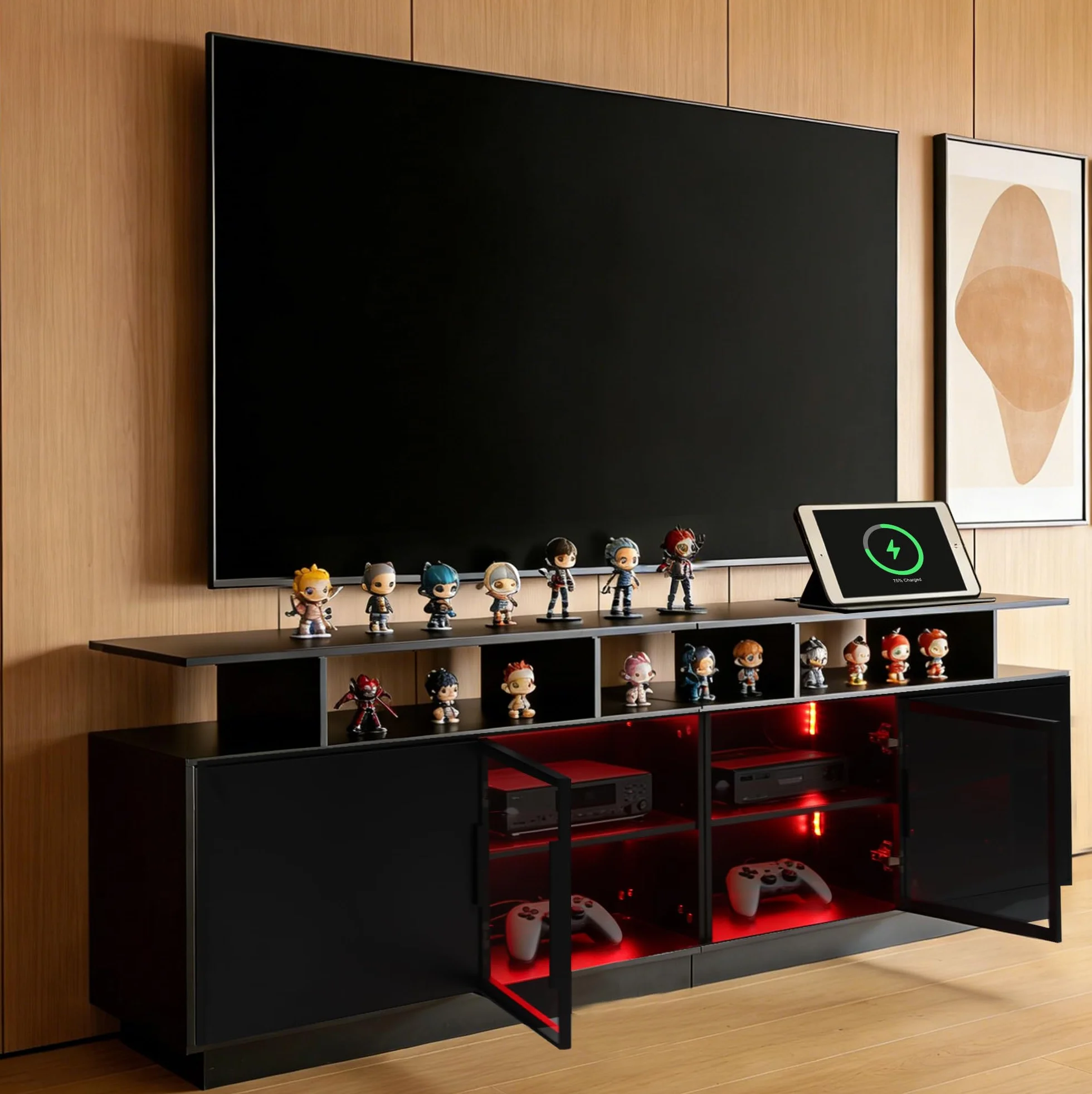 70-Inch Black TV Cabinet,Equipped with A USB Charging Strip,6 Large Storage Spaces,2 Glass Doors with Built-in Ambient Lighting,Serving as A Media and Entertainment Cabinet