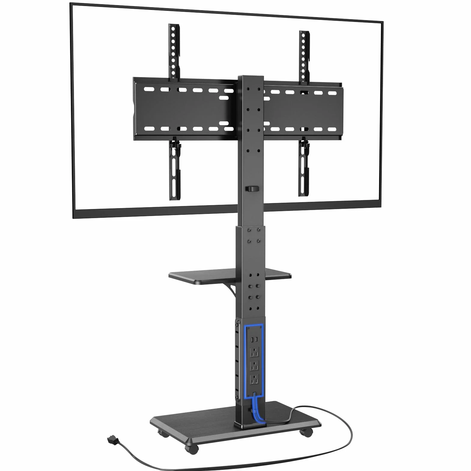 Afaloona Rolling TV Stand with Power Outlet for 32-75" TV, Max Load 110 lbs | Mobile TV cart with 18 height adjustments, ±30° swivel, media shelf and Max VESA 600×400mm for living room office and outdoor