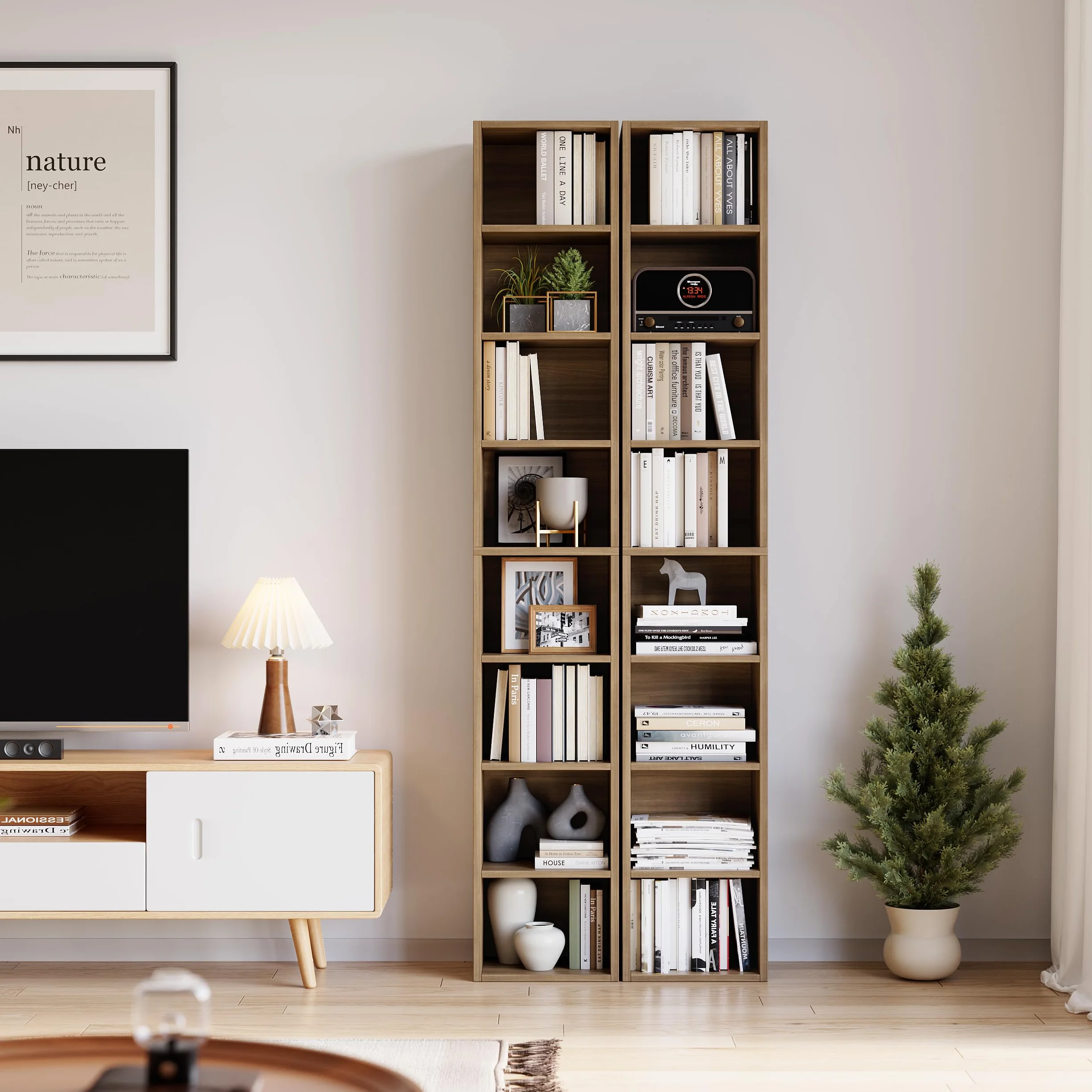 Bamjoy 71 Inches Tall Narrow Bookshelf, 8-Tier Slim CD DVD Media Shelf, Corner Bookcase with Adjustable Shelves, Cube Skinny Bookshelf for Home Office Small Space, Light Walnut