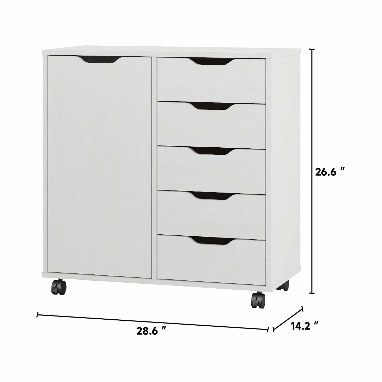 Panana 5-Drawer Chest with 1 Door, Wooden Chest of Drawers Storage Dresser Cabinet with Wheels, Office Organization and Storage, Bedroom Furniture (White-S)