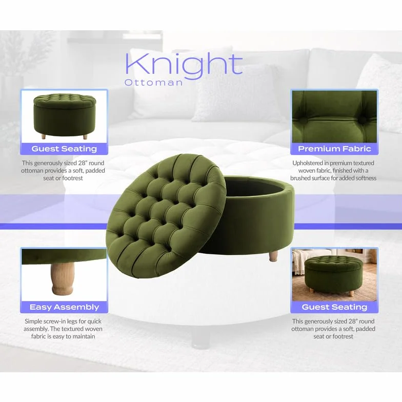 Niche Knight 28-Inch Large Round Pintucked Storage Ottoman with Lift-Off Lid, Tufted Upholstered Accent Footrest for Living Room, Bedroom, Entryway, Hidden Storage – Emerald Green