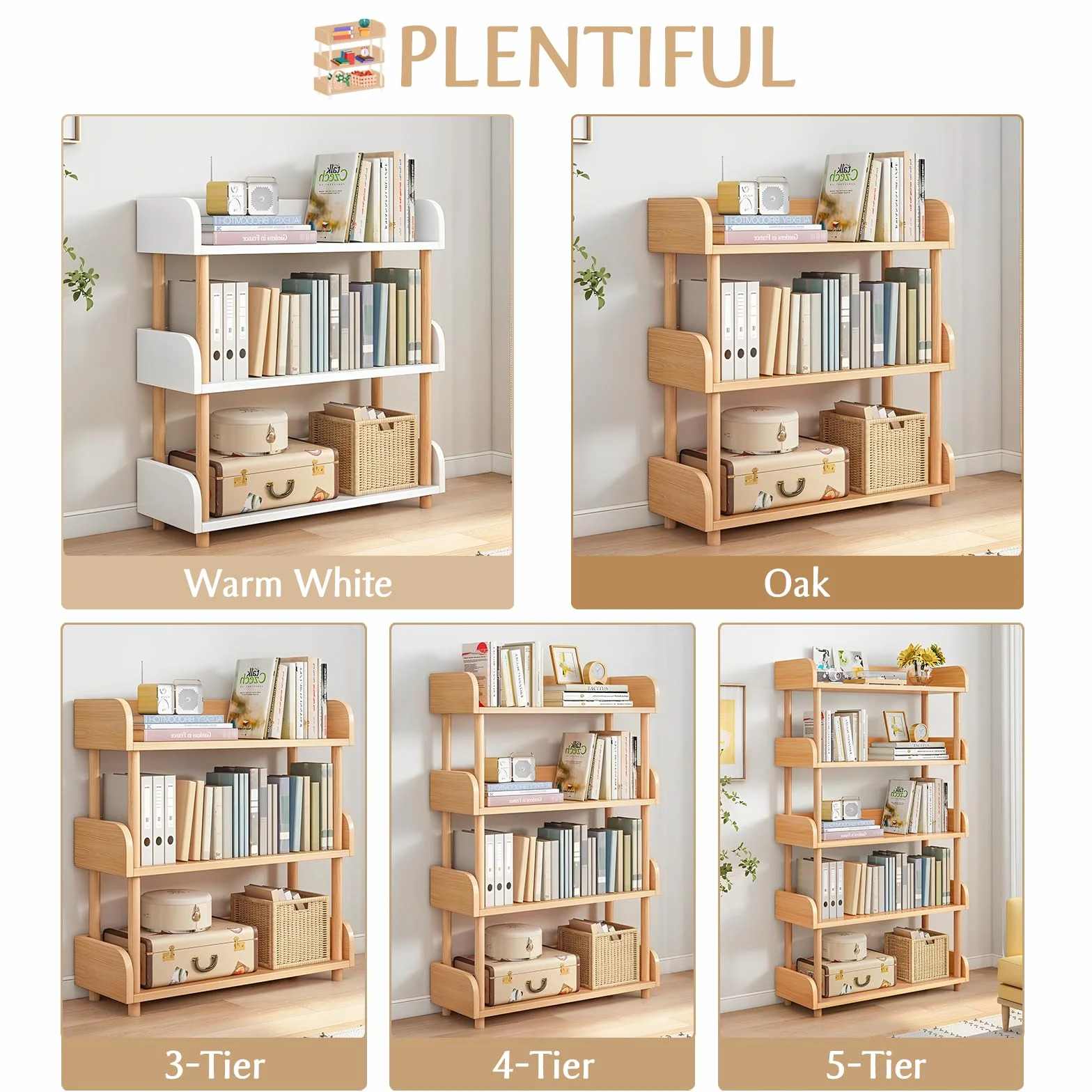 3-Tier Wooden Open Bookcase, Oak | Modern Display Bookshelf with Top Edge, Solid Wood Frame, Home and Office Storage