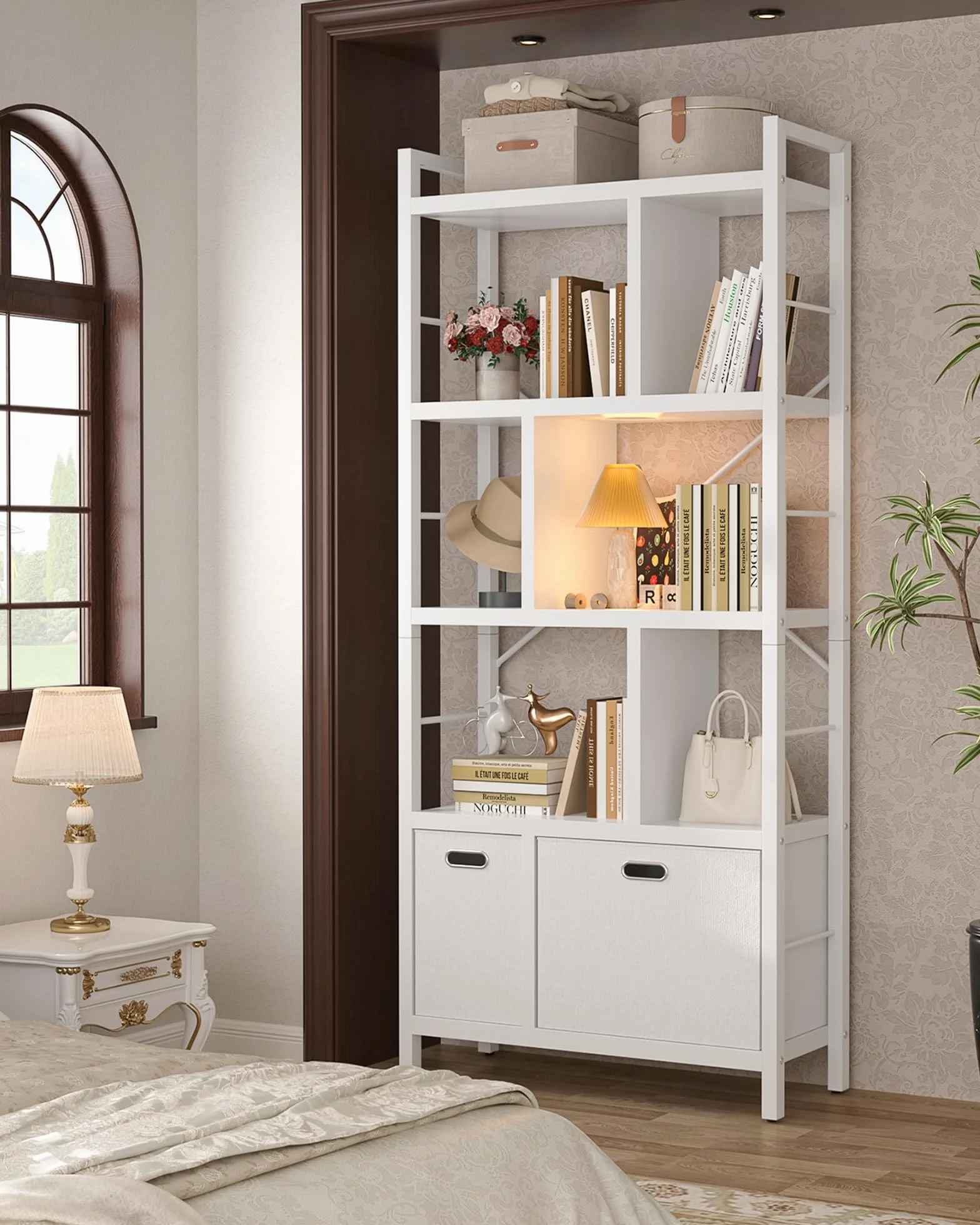 Bookshelf with Drawers - 5 Tier Tall Bookcase Geometric Modern Book Shelf Display Standing Bookshelves with Storage for Living Room, Bedroom Home Office, White
