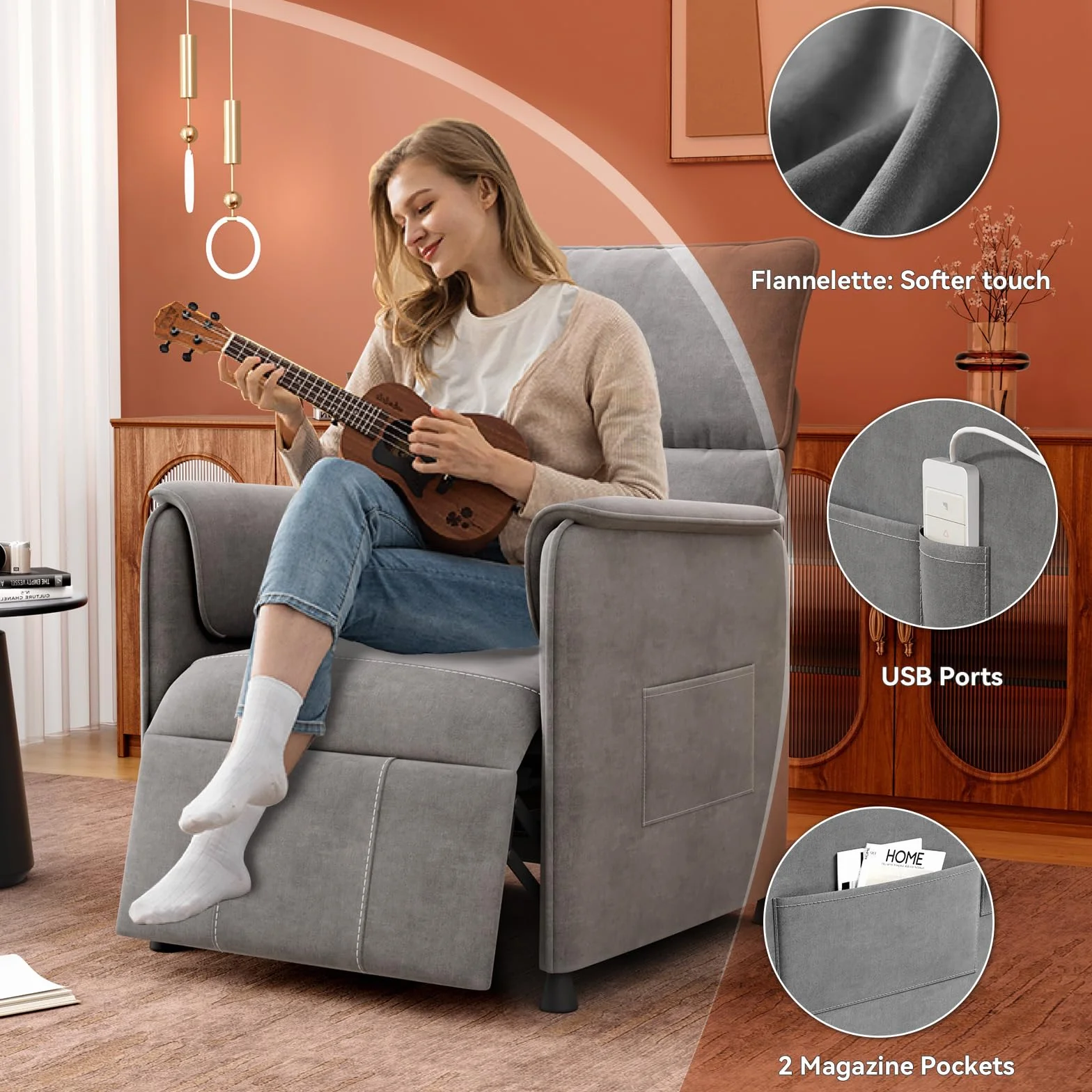 Recliner Chair，Electric Adjustable Chenille Recliner with Remote Control and Padded Backrest,Home Theater Recliner Single Sofa Seat with Thick Seat Cushion for Living Room Bedroom (Grey)