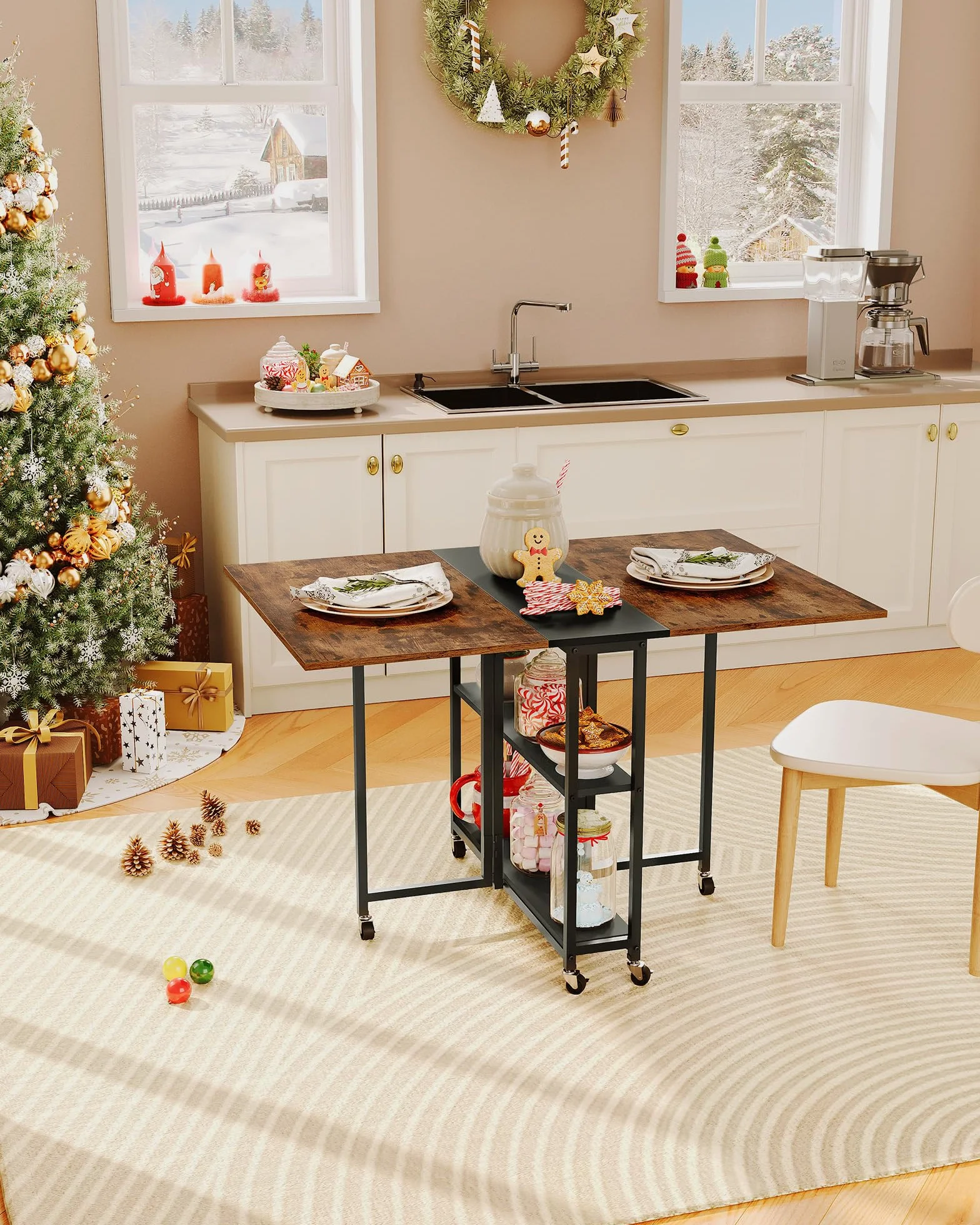 Folding Dining Table, Movable Dining Table, Expandable Kitchen Table, Versatile Table with 6 Wheels and 2-Tier Shelf, for Dining, Living Room, Apartment, Rustic Brown TCZ01BF